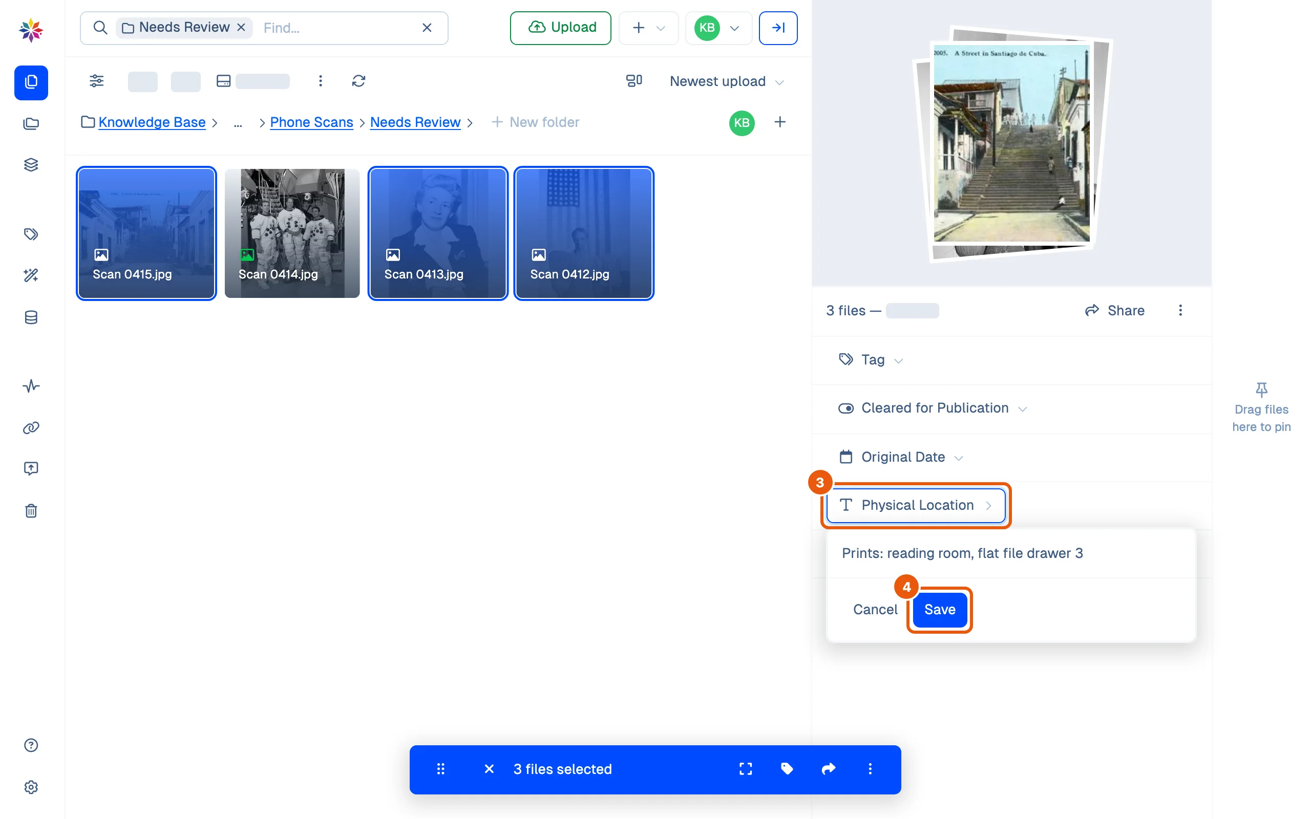 The same three scans in the batch pane with Physical Location open: the text Prints: reading room, flat file drawer 3 typed into its box, with Cancel and Save.