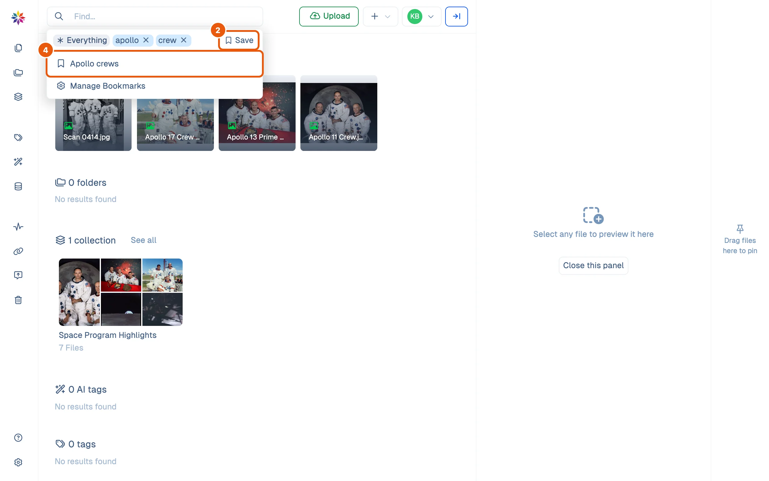 The search box's dropdown: the current search's chips with Save beside them, the saved bookmark Apollo crews, and Manage Bookmarks.