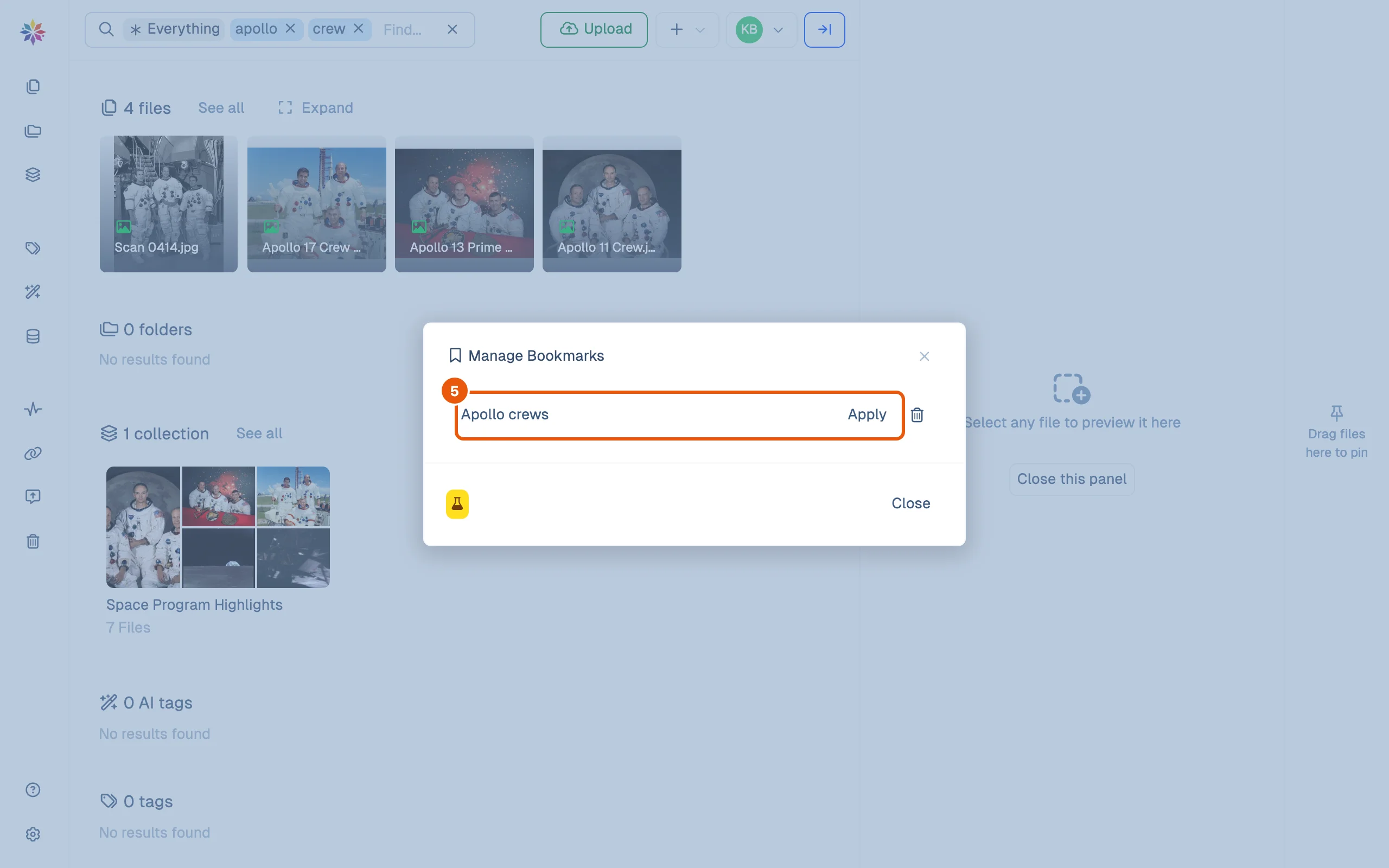The Manage Bookmarks dialog listing Apollo crews with Apply and a delete button.