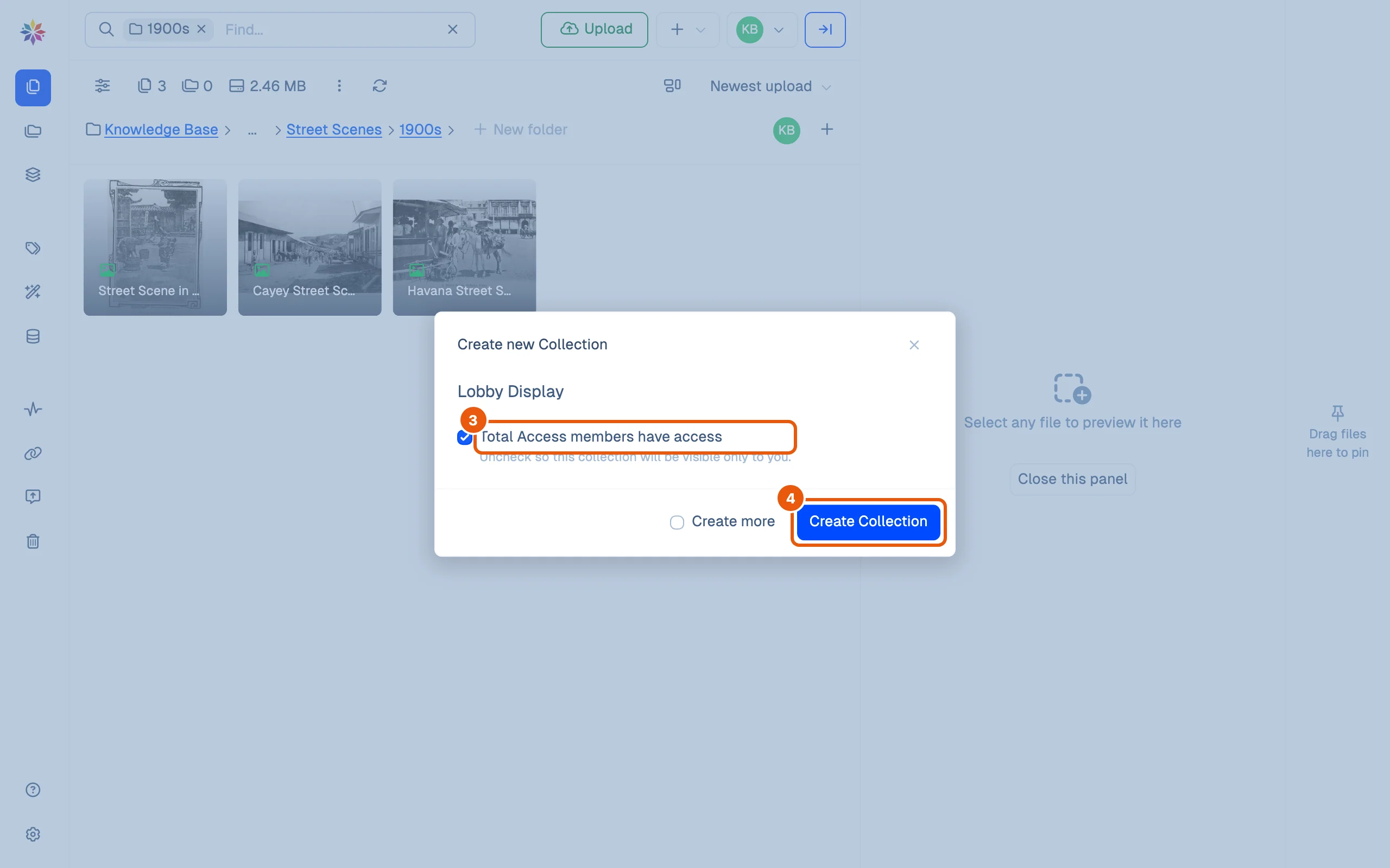 The Create new Collection dialog over the 1900s street scenes: the title Lobby Display typed in, and Total Access members have access ticked.