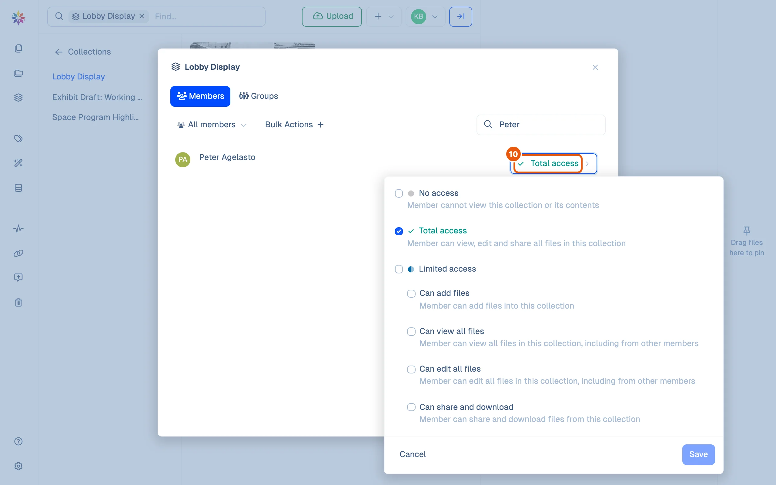 The collection's Members dialog: a Total access member with their access menu open on No access, Total access, and Limited access with its four switches, Can add files, Can view all files, Can edit all files and Can share and download.