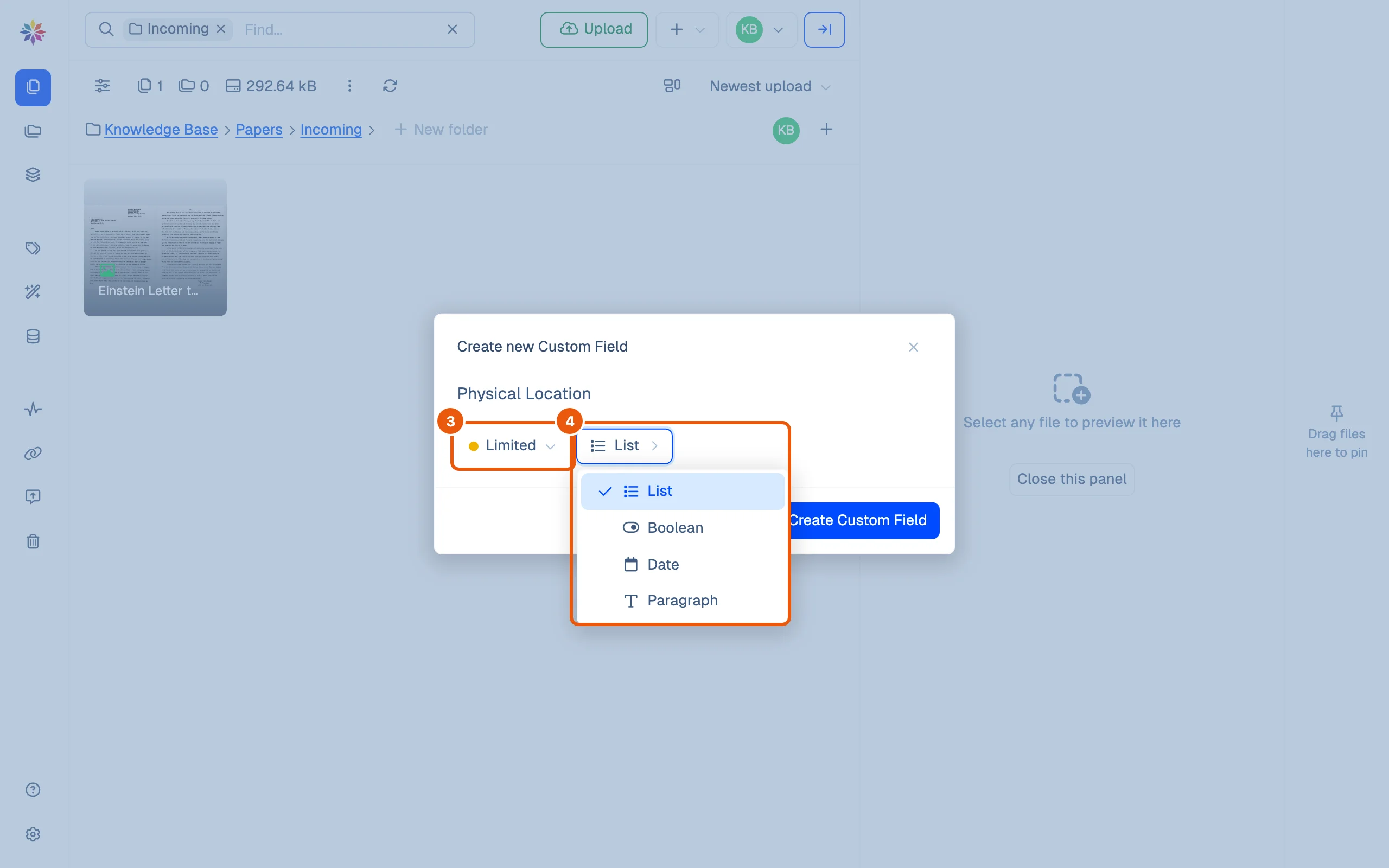 The Create new Custom Field dialog: the title Physical Location typed in, visibility Limited, and the type menu open on List, Boolean, Date and Paragraph.