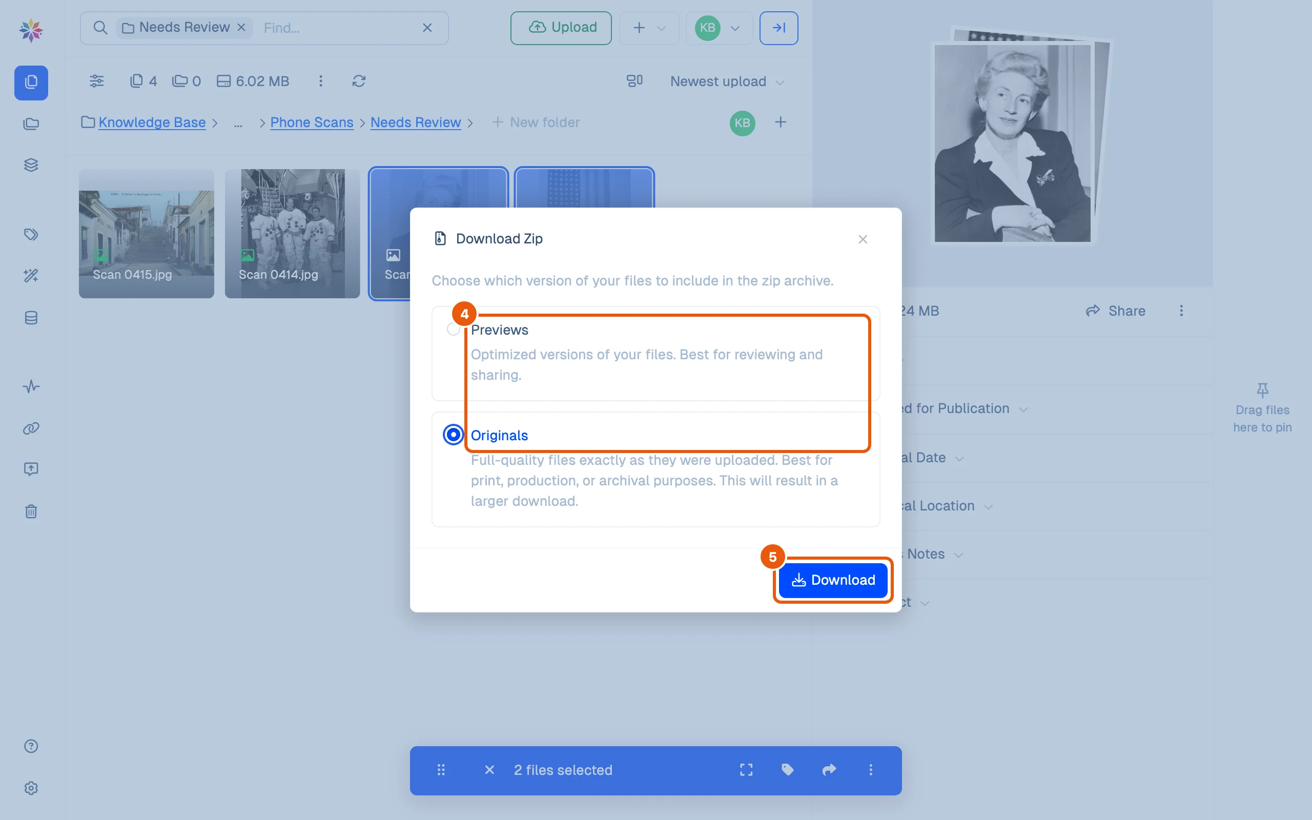 The Download Zip dialog for two selected scans: choose Previews, optimized versions best for reviewing and sharing, or Originals, full-quality files exactly as they were uploaded; then Download.