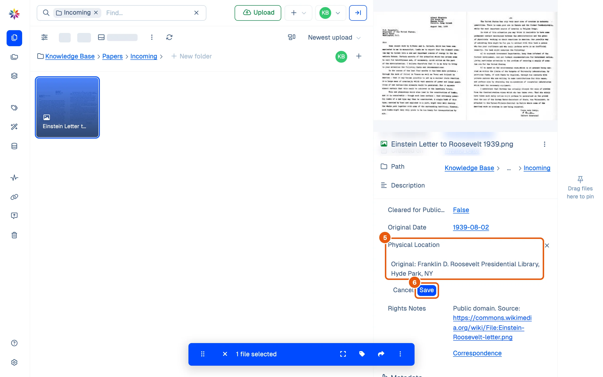 The letter's details with Physical Location open for editing in place: its text in an edit box, with Cancel and Save.