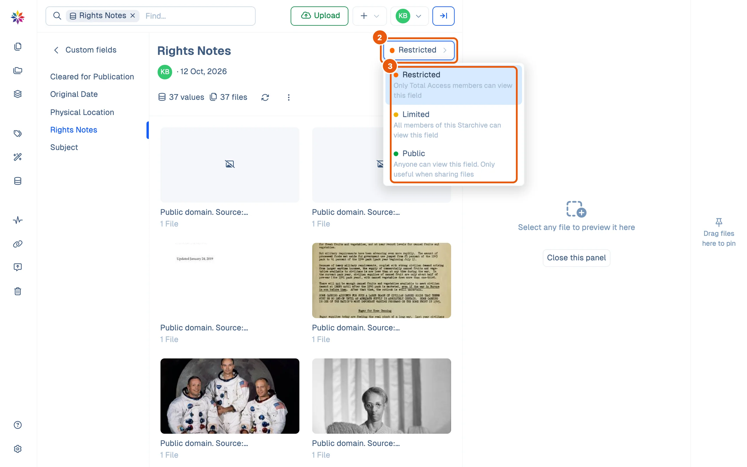 The Rights Notes field's page with its visibility menu open: Restricted, only Total Access members can view this field; Limited, all members; Public, anyone, only useful when sharing files.