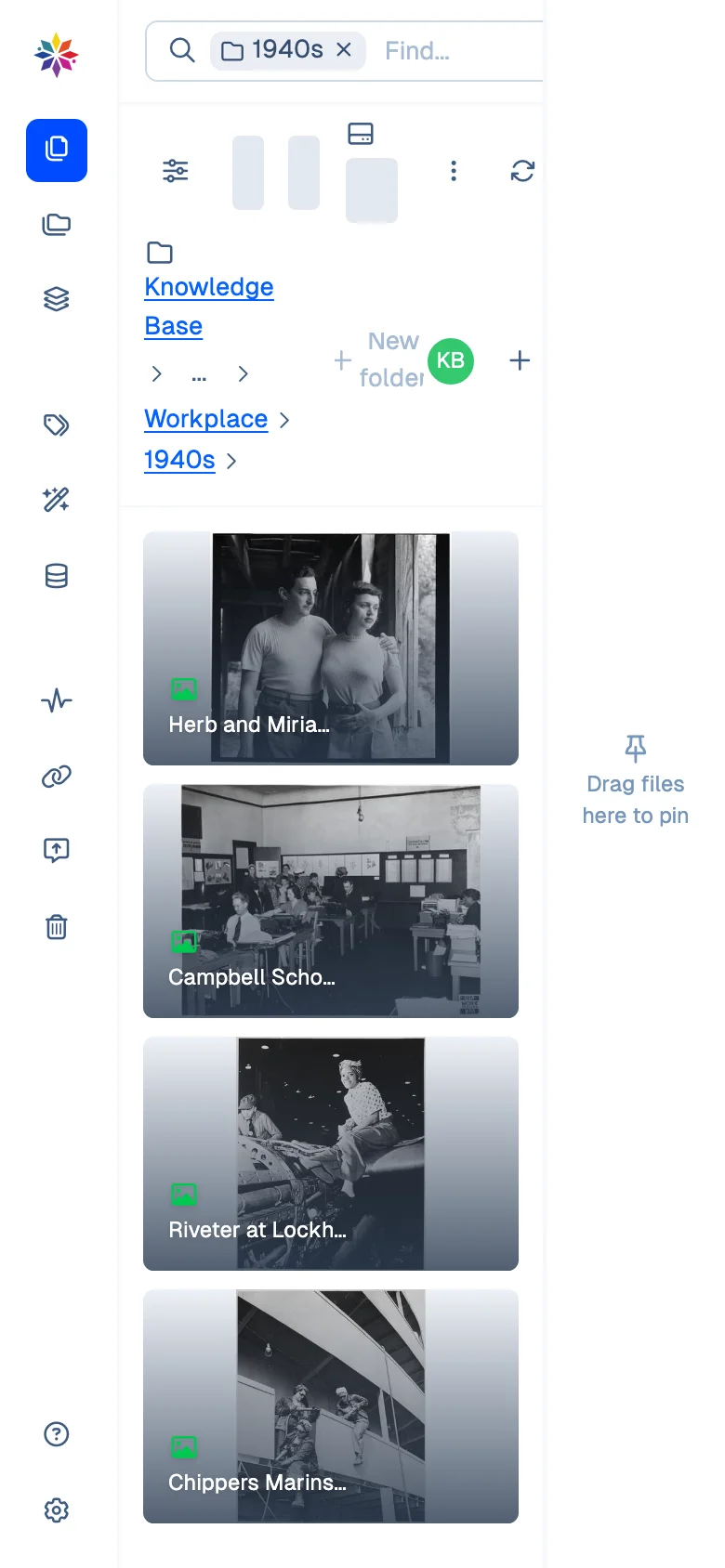 The Files screen on a phone, 390 pixels wide: the photographs stack in one column beside the icon rail.