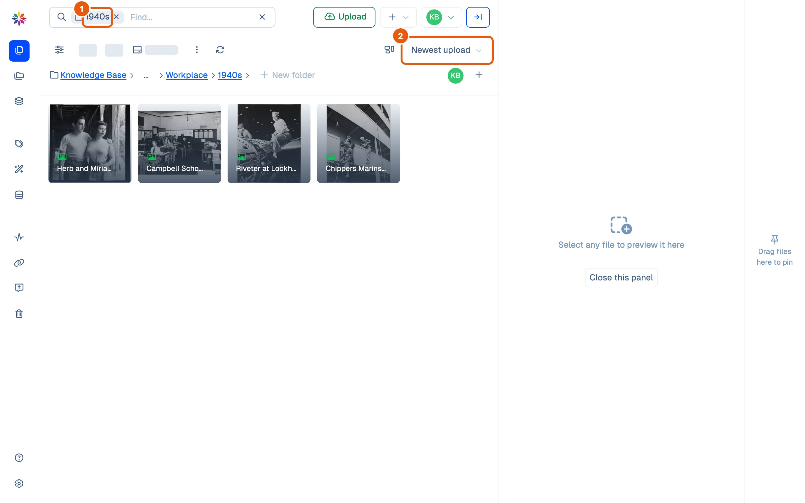 The Files screen showing the four photographs in the 1940s workplace folder as a grid, with the search box scoped to the folder and the sort menu set to Newest upload.