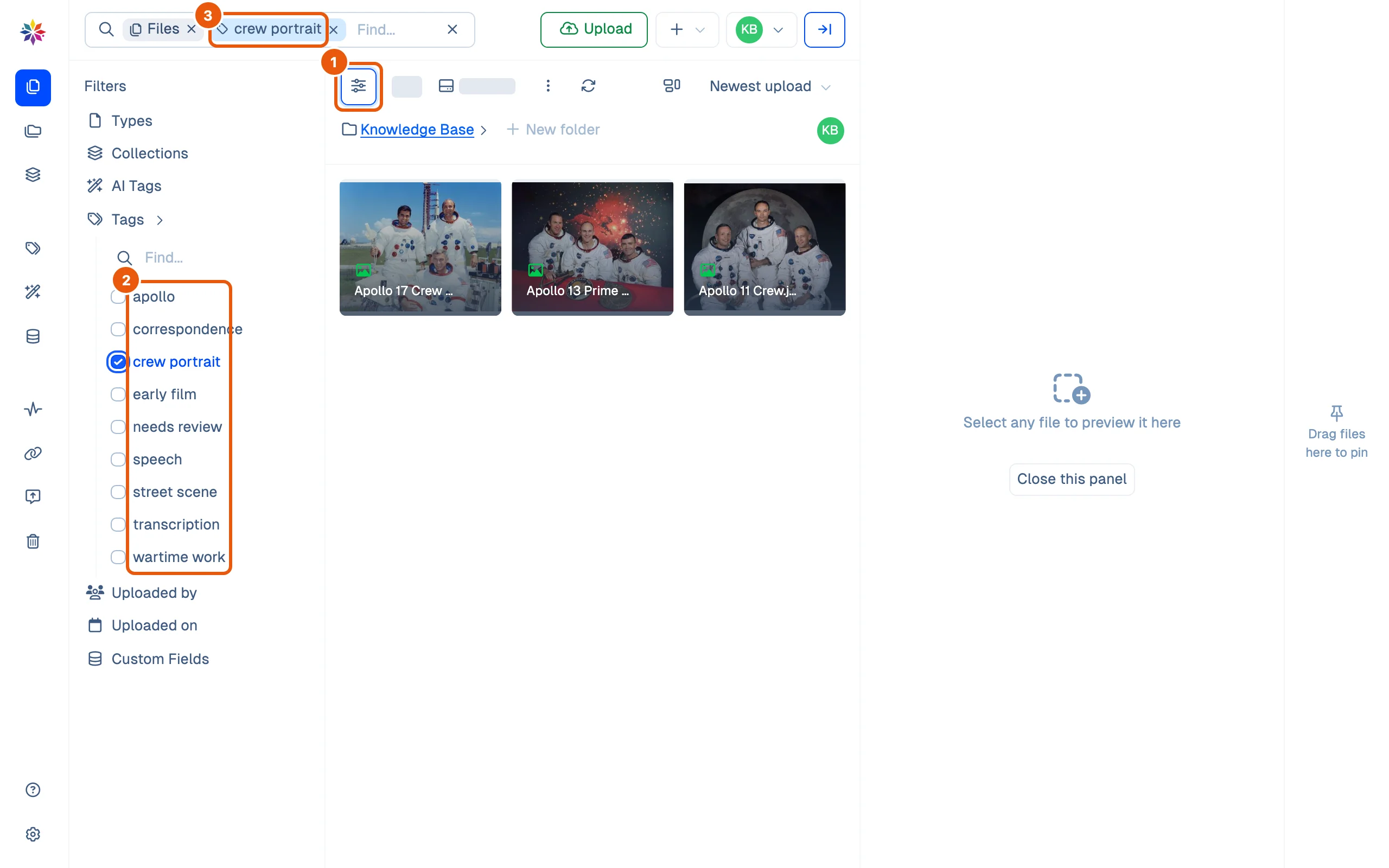 Files with the filter pane open: the Tags facet lists the nine tags, crew portrait is ticked, a crew portrait chip joins the search box, and three photographs remain.