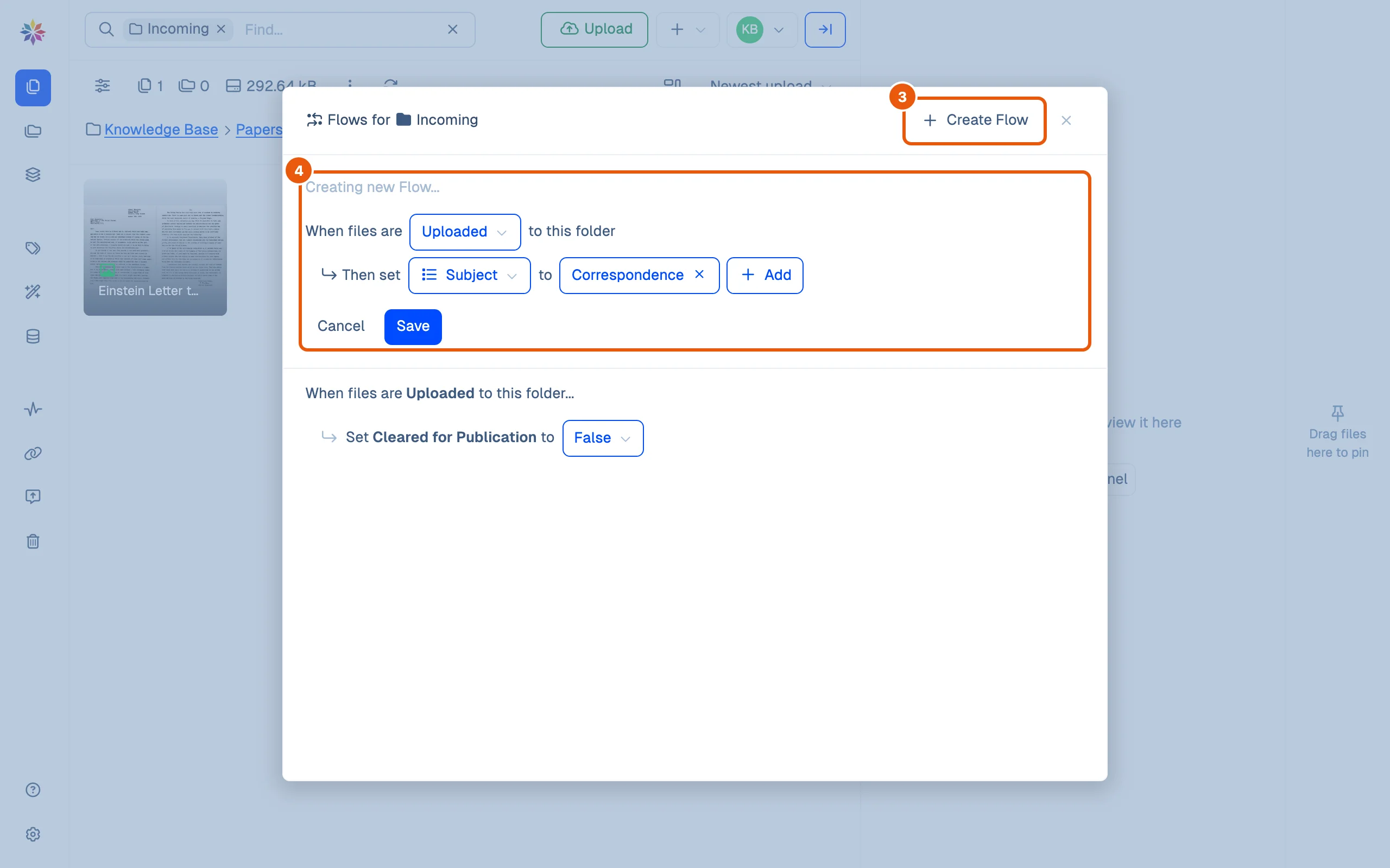 Flows for Incoming: a new flow being set up, When files are Uploaded to this folder, then set Subject to Correspondence, with Save; the folder's existing flow, Set Cleared for Publication to False, below.