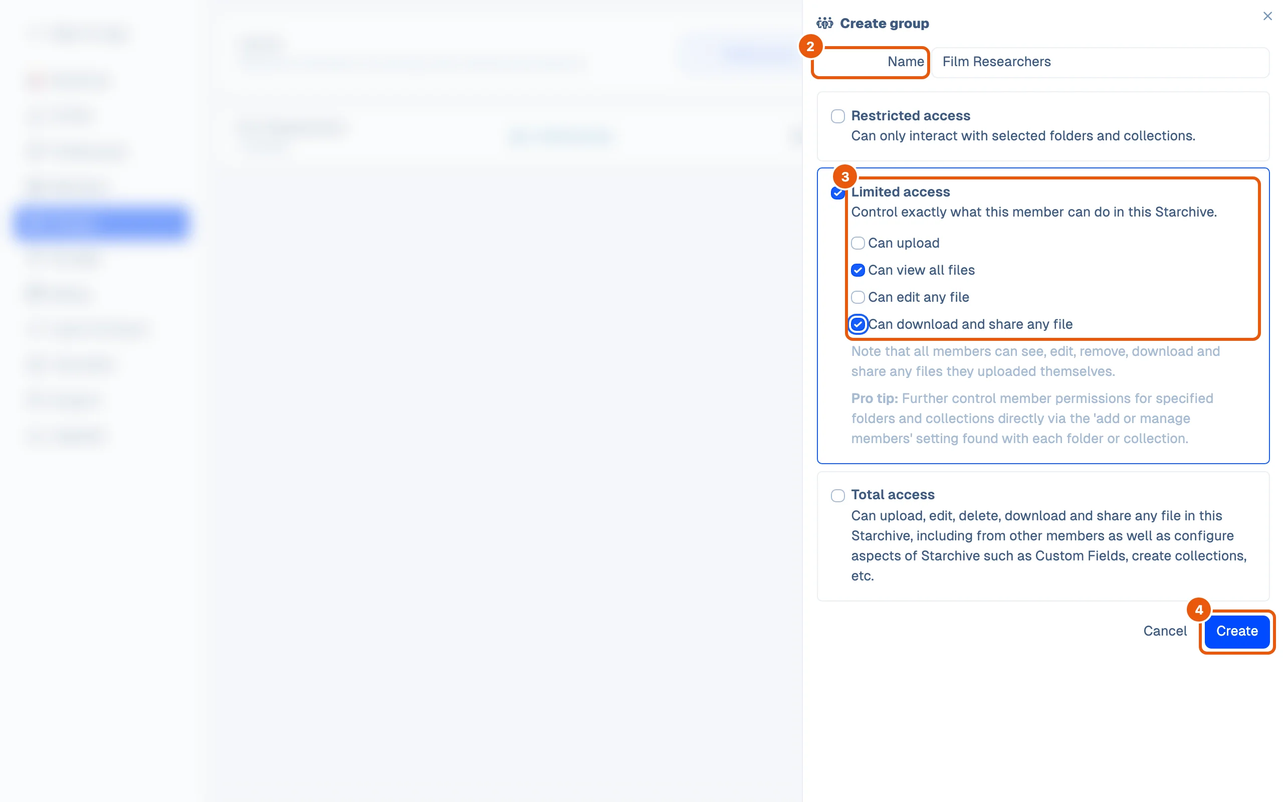 The Create group dialog: the name Film Researchers typed in, Limited access ticked with Can view all files and Can download and share any file switched on, above Cancel and Create.