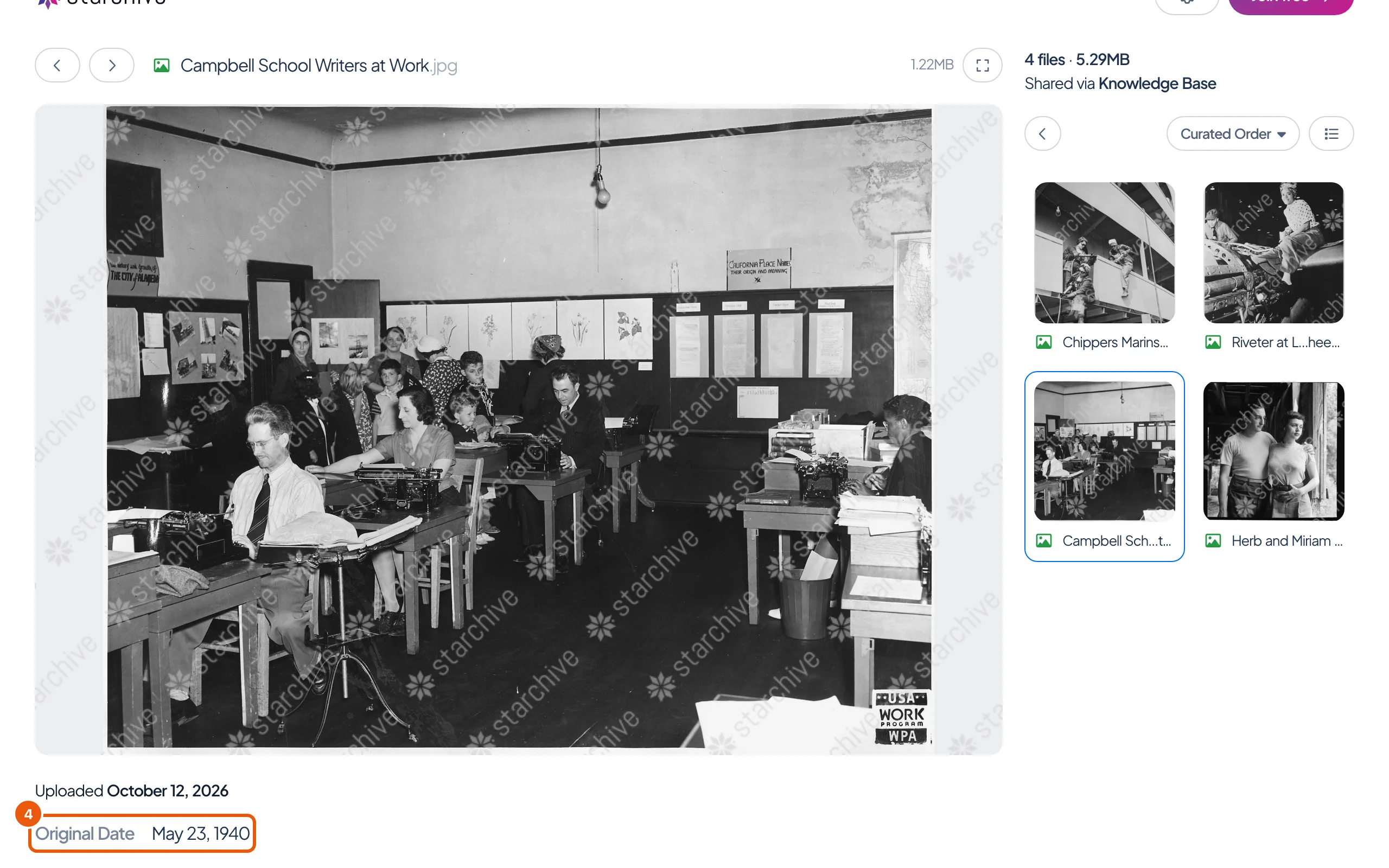A shared photograph with a detail below it: Original Date, May 23, 1940, a field the archive made Public.