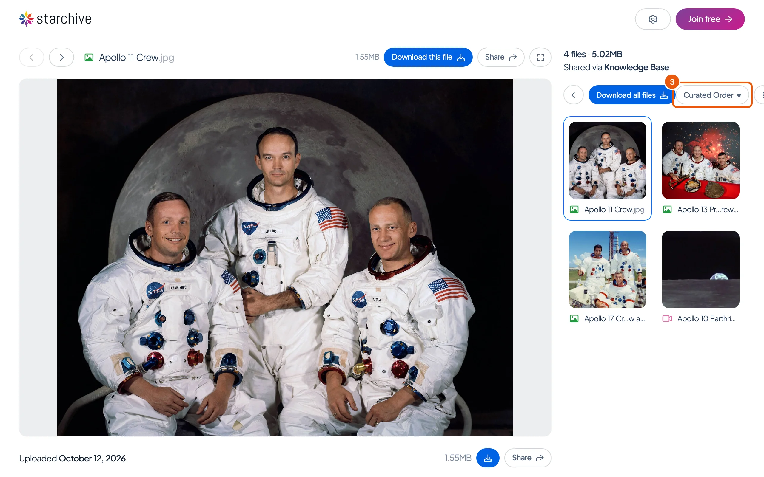 A share link opened without signing in: the first photograph large on the left, all four files as tiles on the right under 4 files, 5.02 MB, shared via Knowledge Base, with Curated Order to sort them.