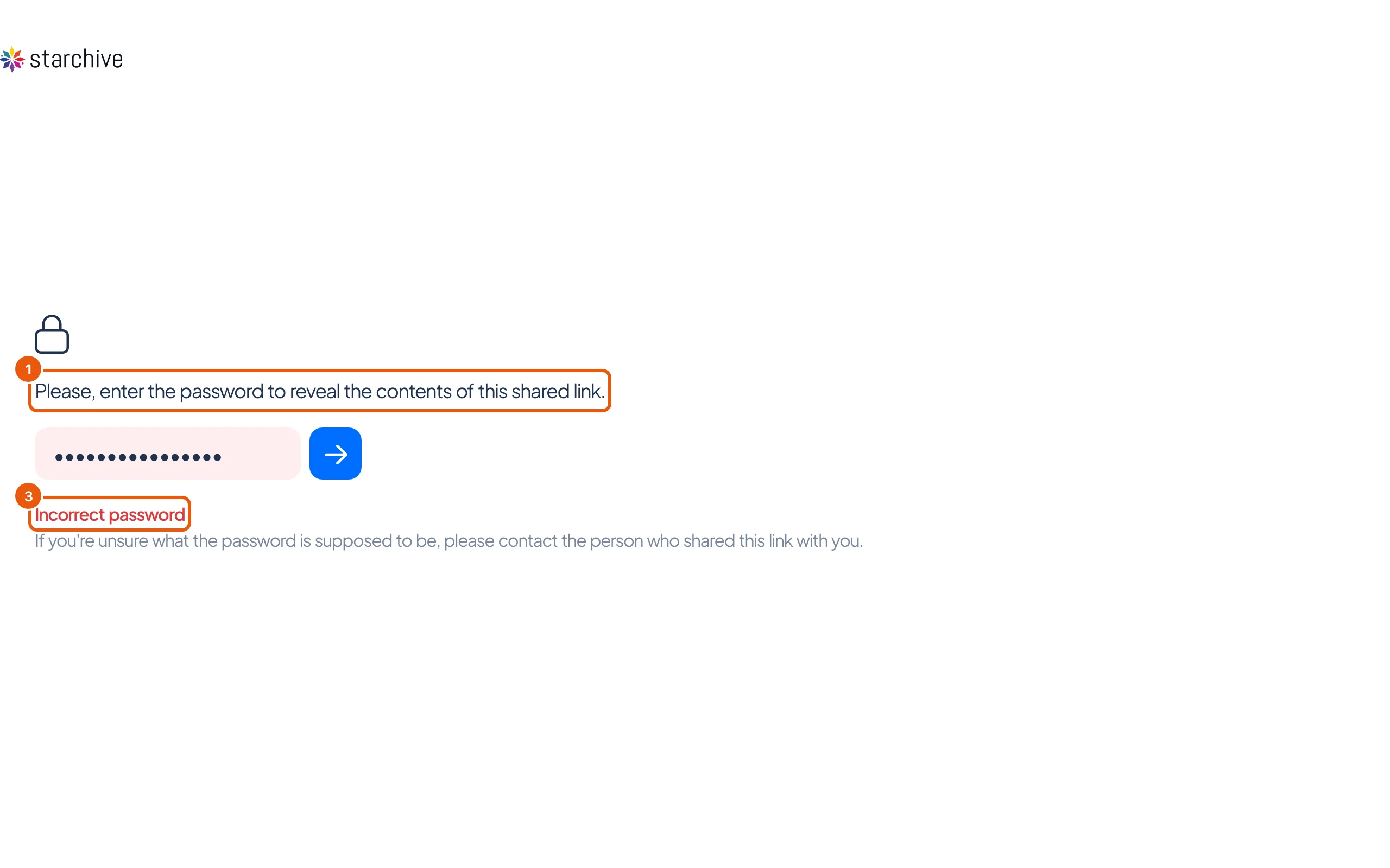 A password-protected link: a padlock, Please, enter the password to reveal the contents of this shared link, a password box and an arrow button, with Incorrect password in red below a wrong try.