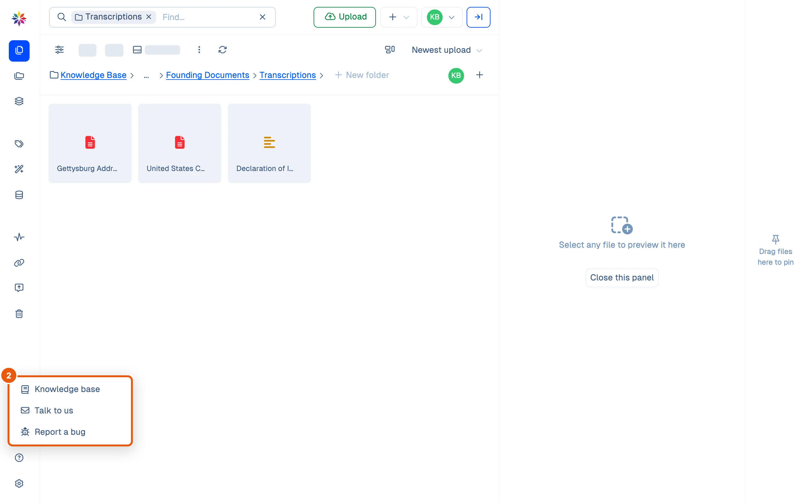 The Help button at the bottom of the left rail, its menu open: Knowledge base, Talk to us and Report a bug.