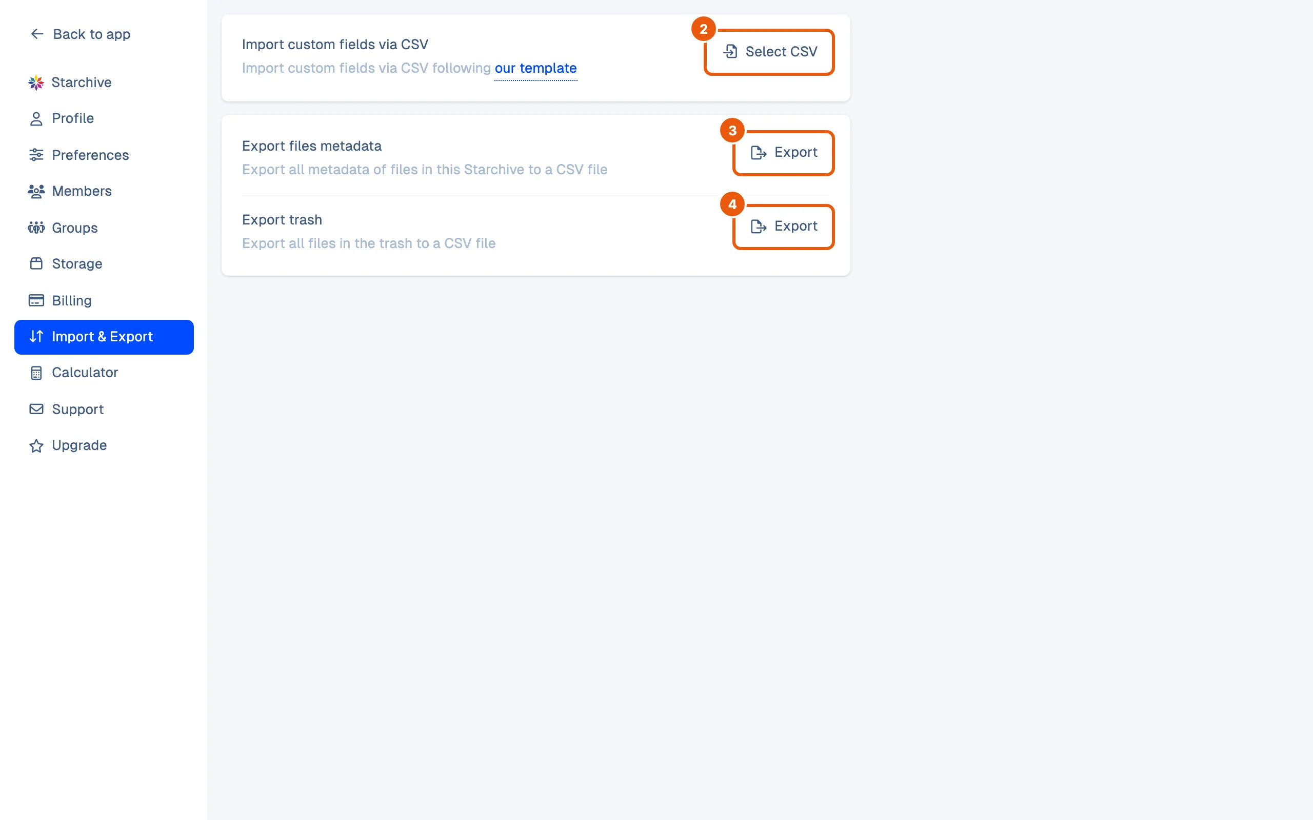 Settings, Import & Export: Import custom fields via CSV with Select CSV, Export files metadata with Export, and Export trash with Export.