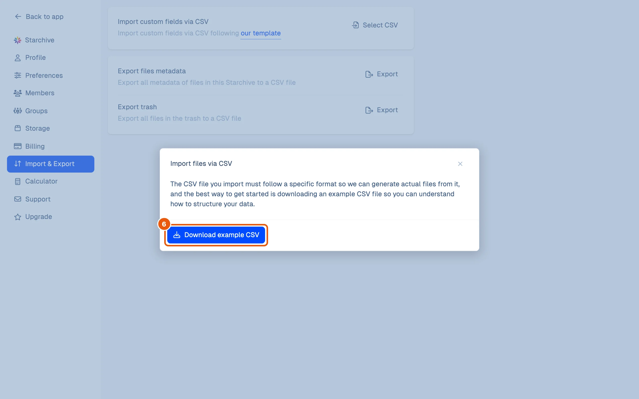 The template popup: the CSV must follow a specific format, and Download example CSV gives a file to start from.