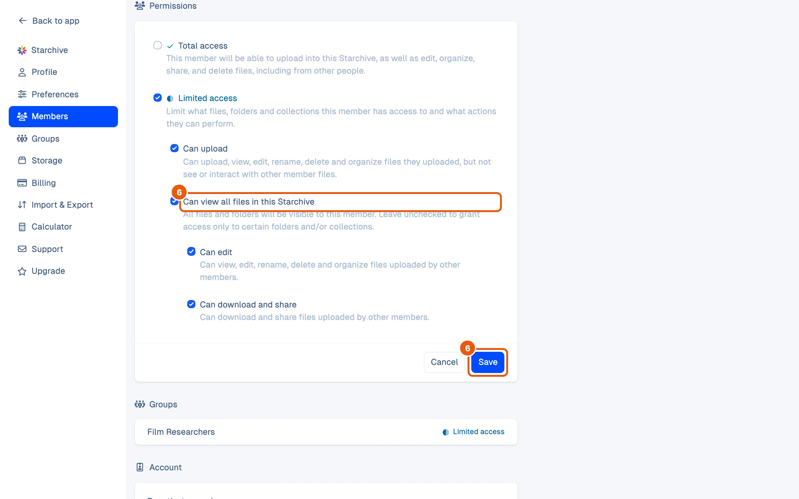 A Limited member's page, Permissions: Limited access ticked, then Can upload, Can view all files in this Starchive, and under it Can edit and Can download and share, each with what it allows, above Cancel and Save.