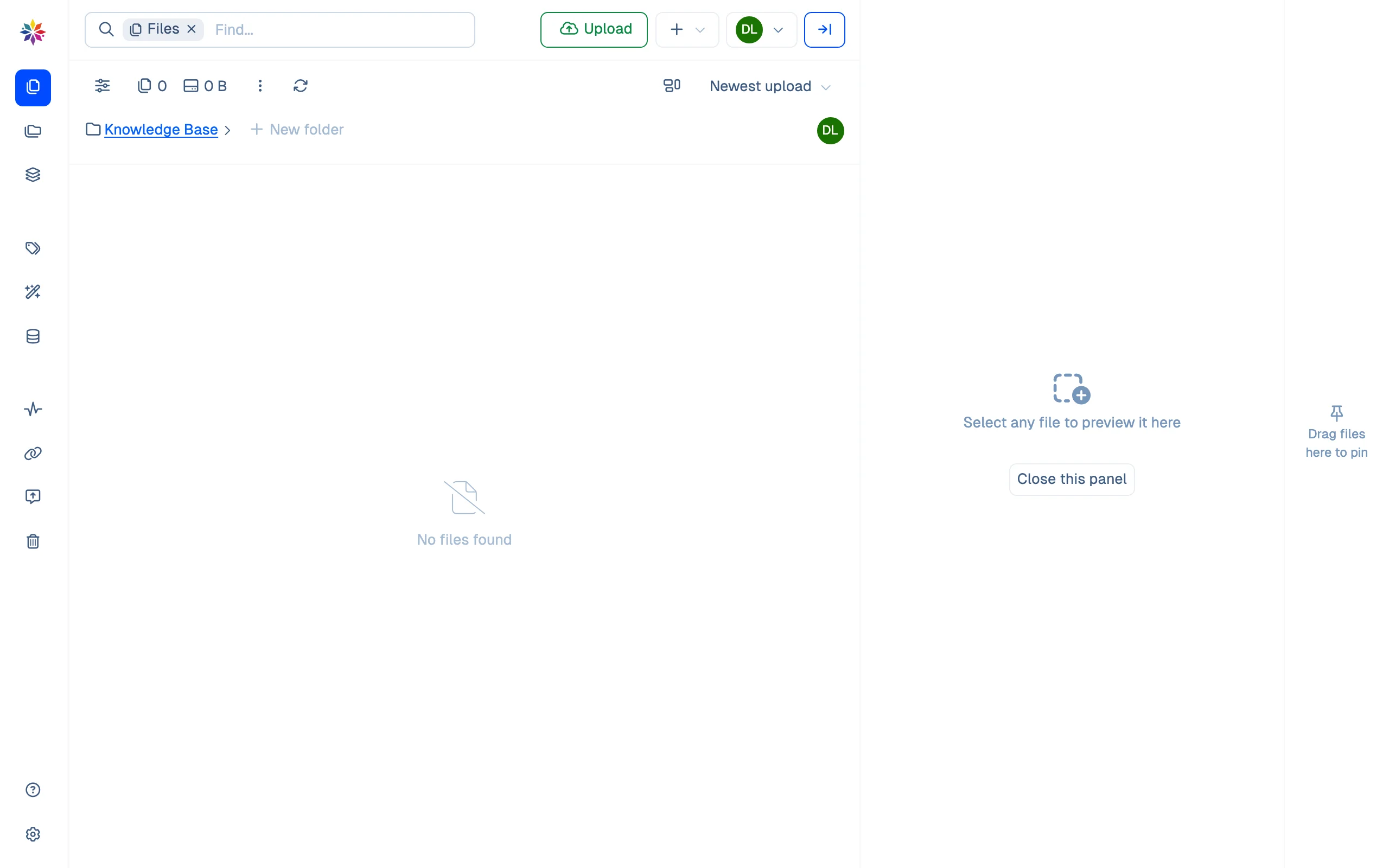 Files as a Limited member without Can view all files sees it: the folder tree is empty, the counts read 0 and the grid says No files found.