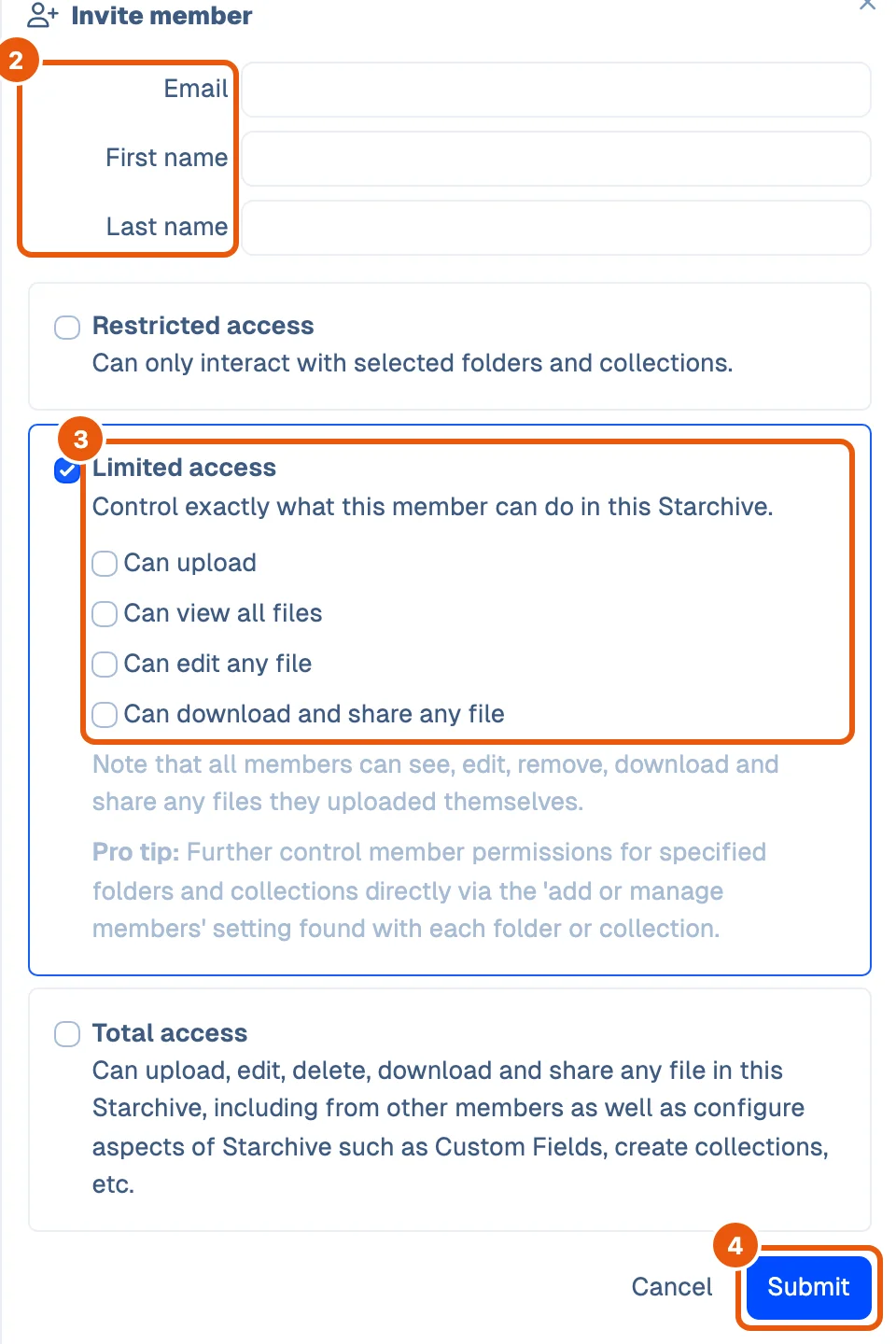 The Invite member drawer: Email, First name and Last name, then Restricted access, Limited access (ticked, opening its four switches Can upload, Can view all files, Can edit any file, Can download and share any file, all off) and Total access, above Cancel and Submit.
