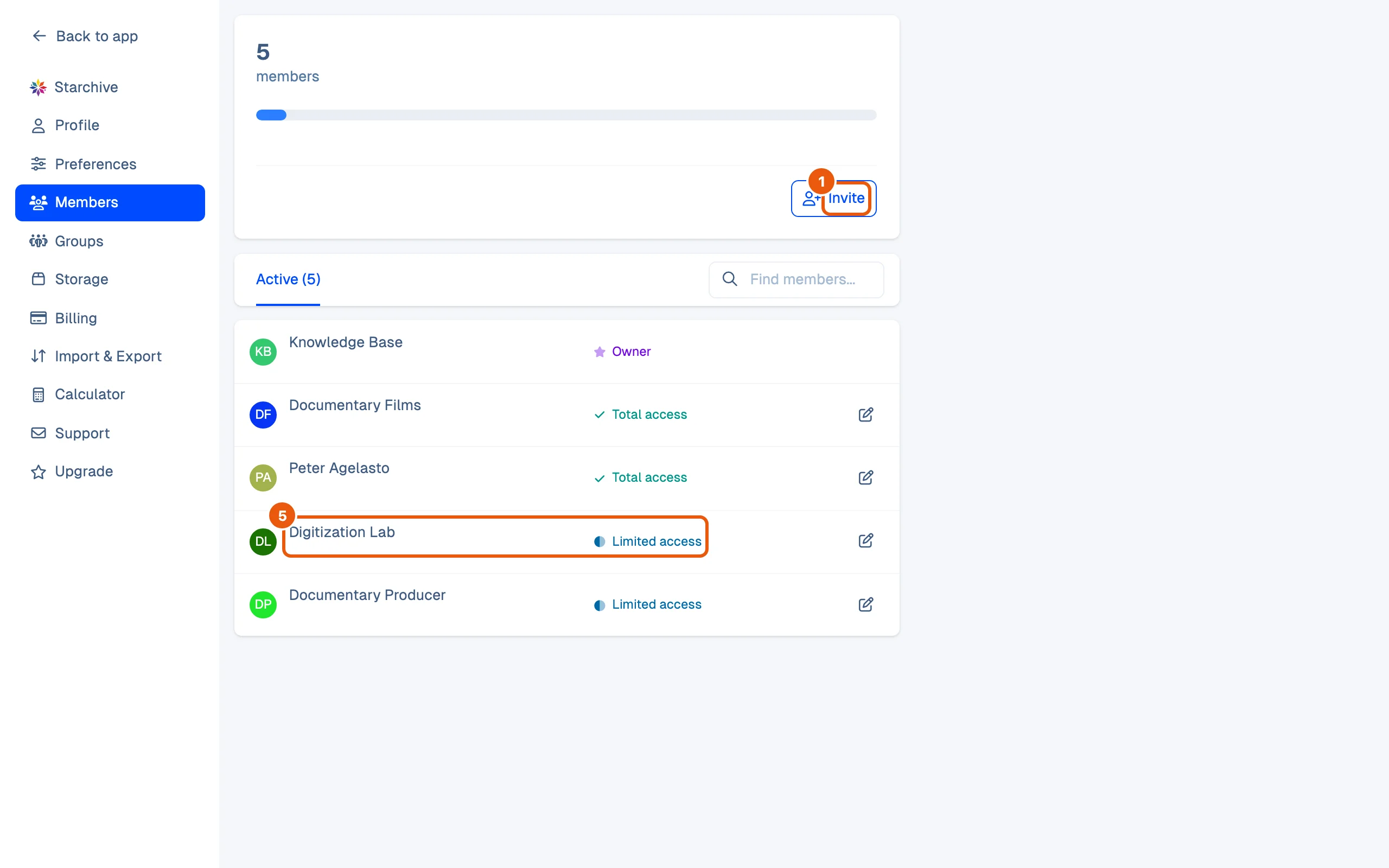 Settings, Members: the Invite button above the Active list, where each member shows their name, their access level (Owner, Total access or Limited access) and a pencil to edit them.