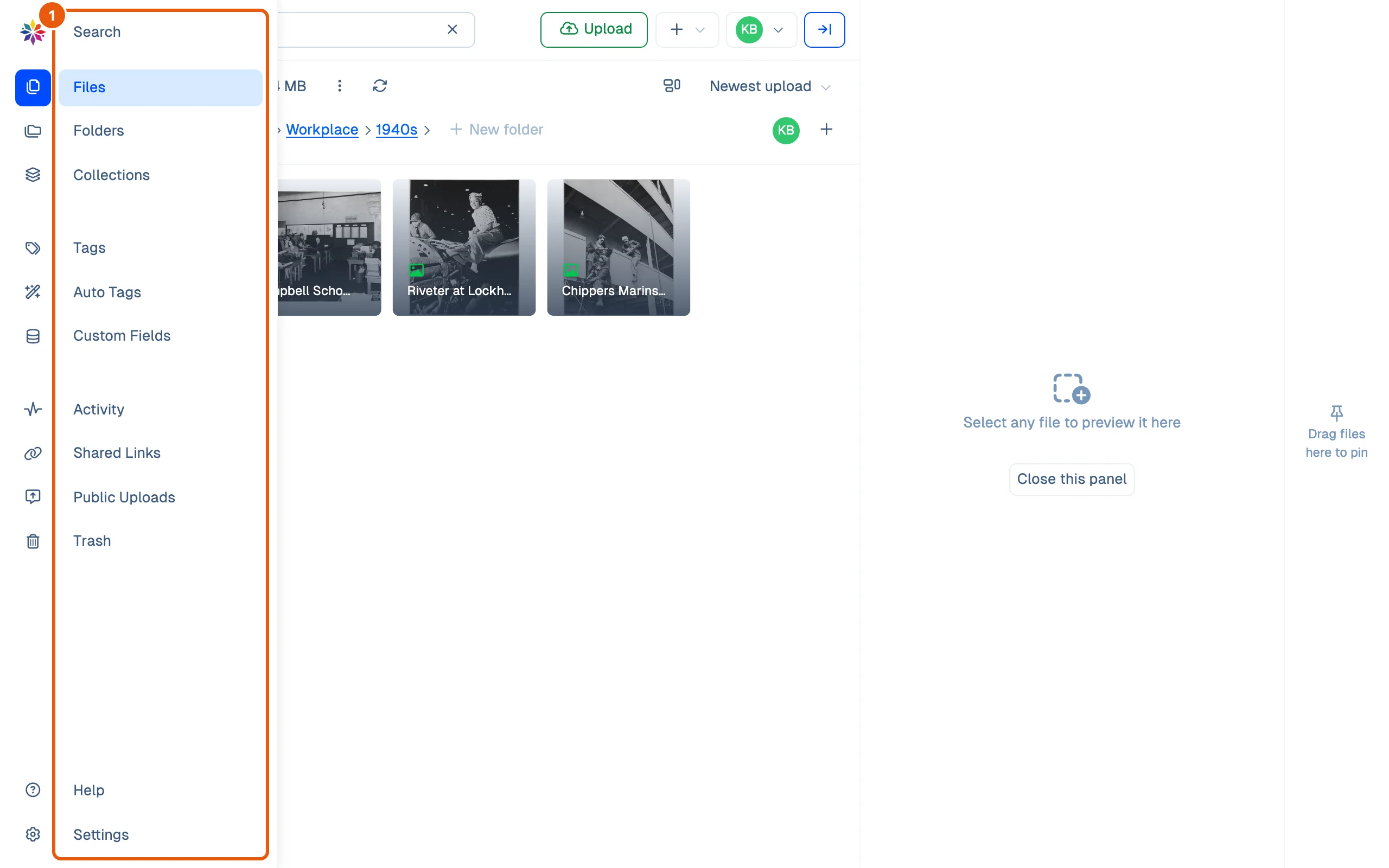 The left rail opened under the pointer, naming every screen: Search, Files, Folders and Collections; Tags, Auto Tags and Custom Fields; Activity, Shared Links, Public Uploads and Trash; Help and Settings.