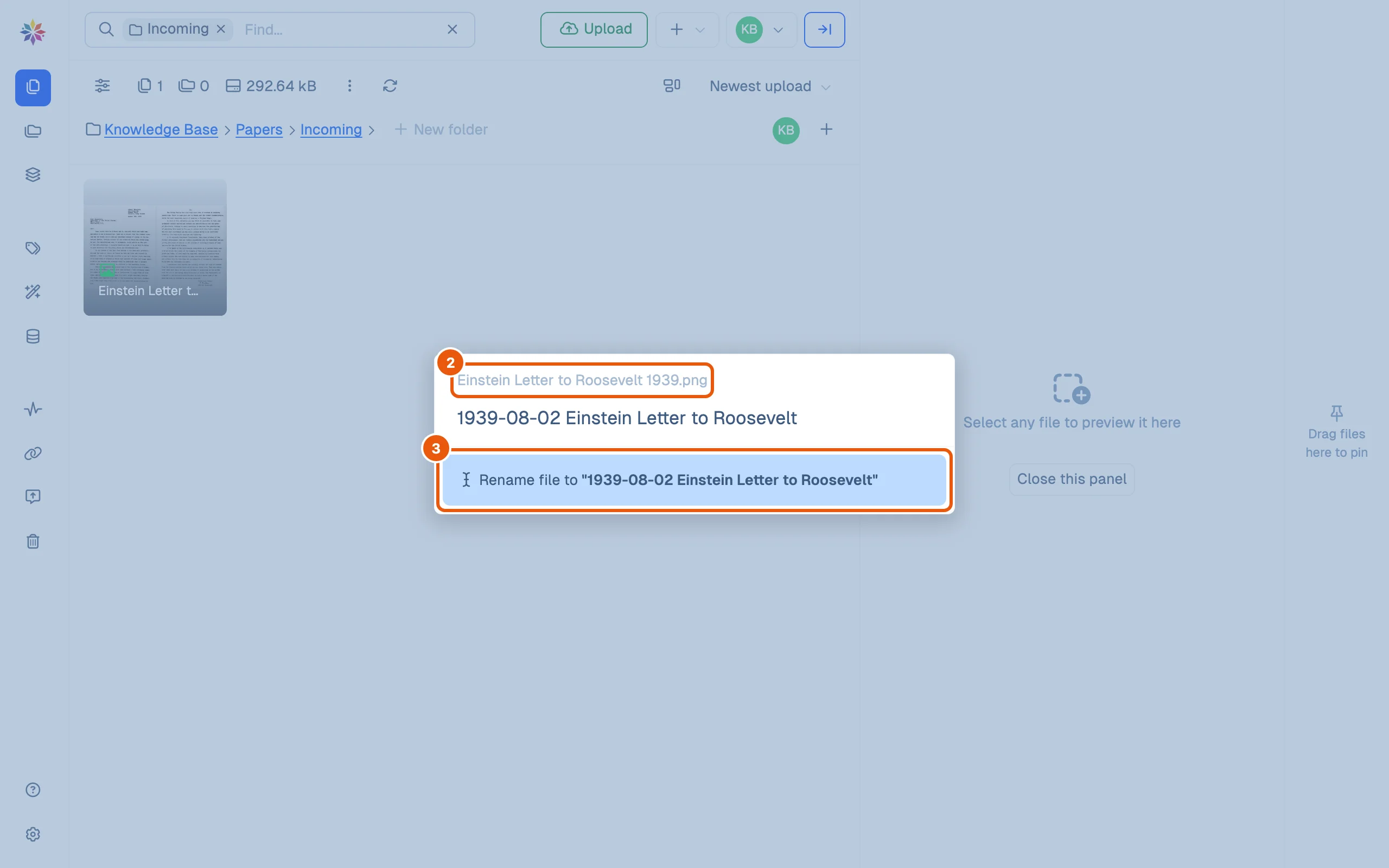 The Rename dialog over the letter: its current name, Einstein Letter to Roosevelt 1939.png, above; a date-first name, 1939-08-02 Einstein Letter to Roosevelt, typed in; and Rename file to that name below. The extension is not part of what you type.
