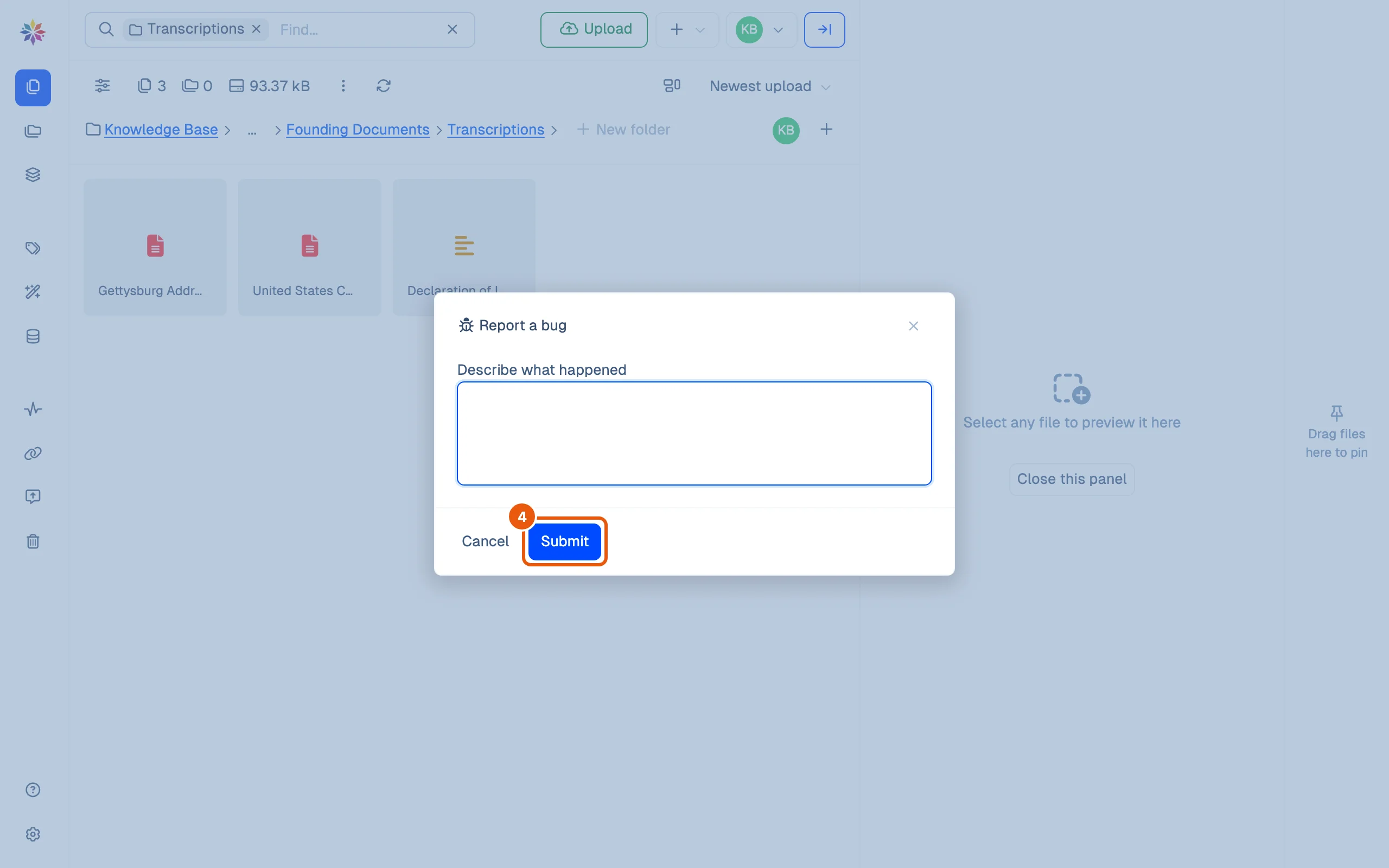 The Report a bug dialog: one box, Describe what happened, with Cancel and Submit.