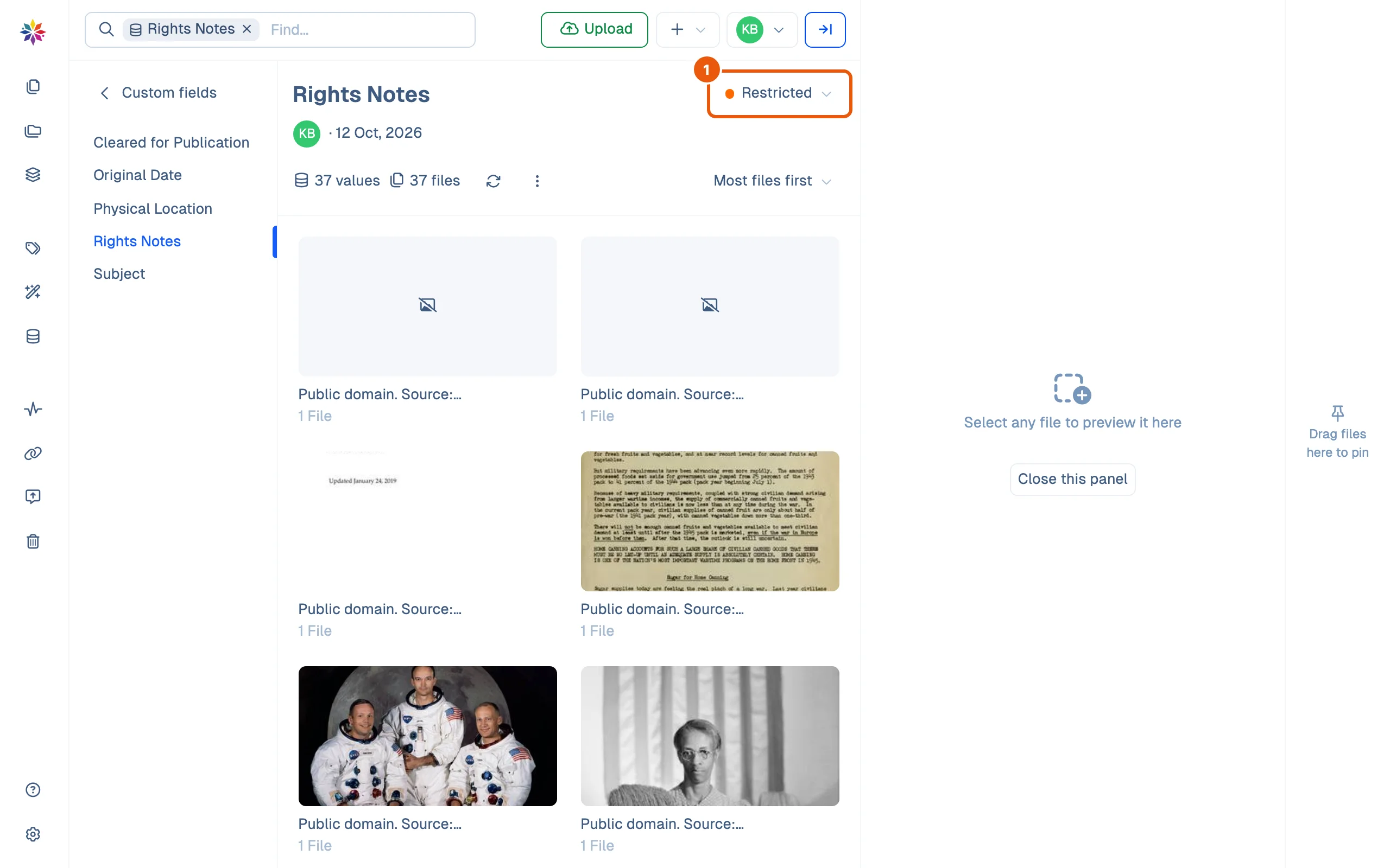 The Rights Notes field's page under Custom Fields: marked Restricted, with one value per file, each naming the file's licence and source.