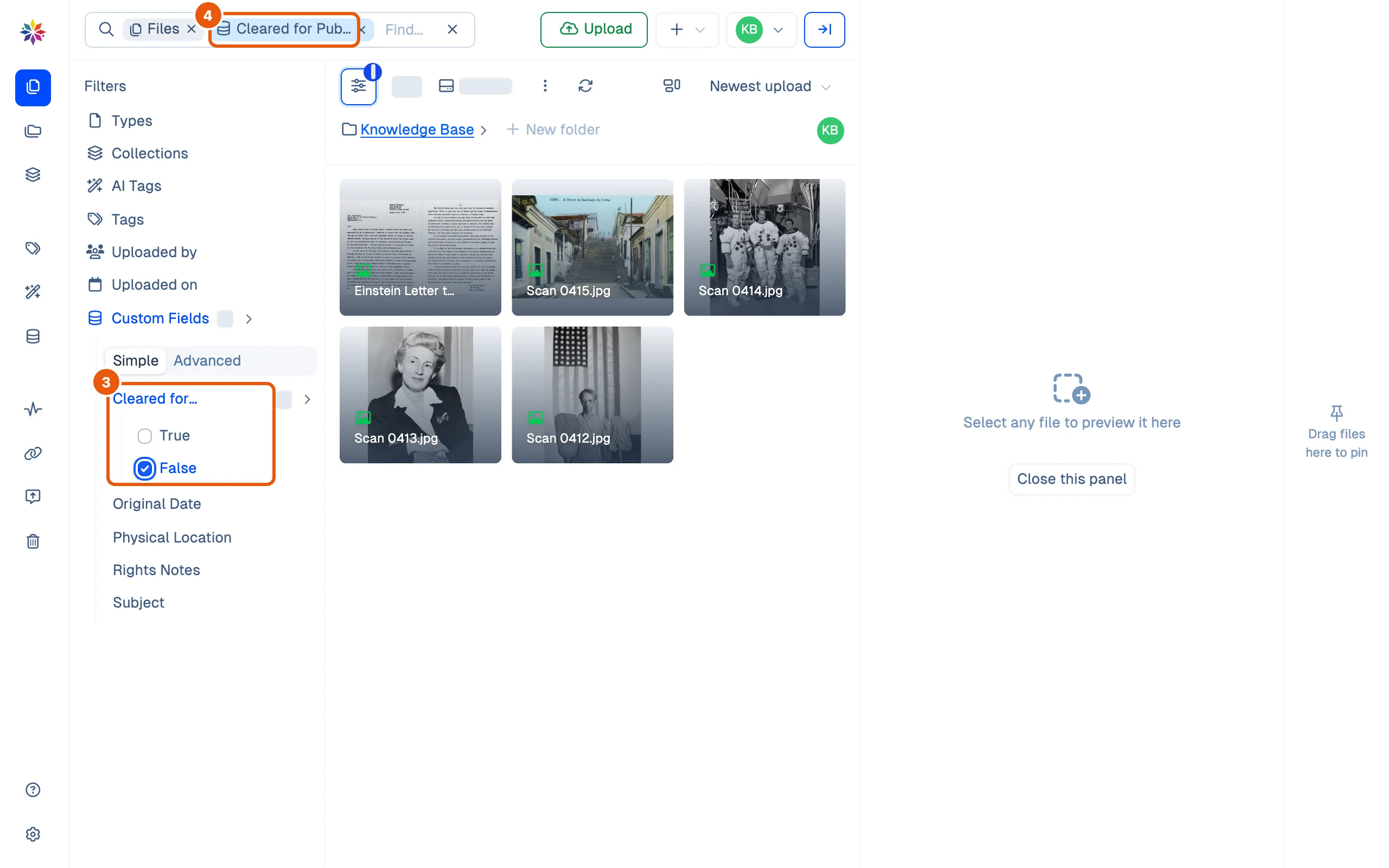 Files filtered on Cleared for Publication, False ticked: a chip joins the search box and the five files not yet cleared remain, the letter and the four phone scans.
