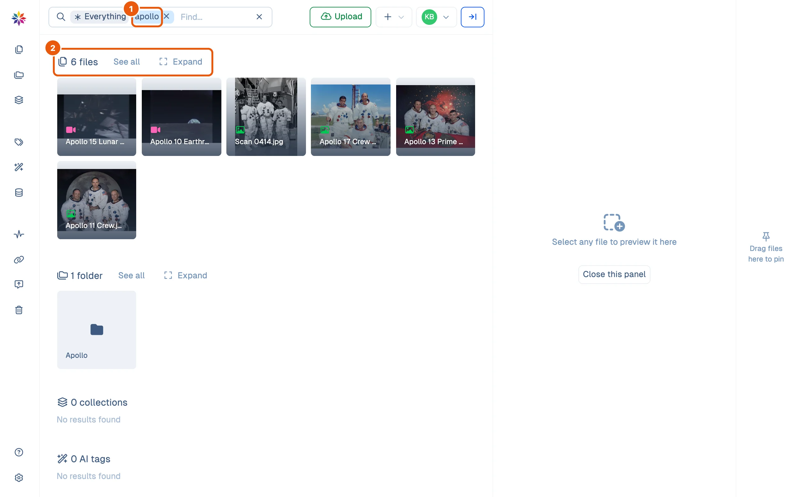 Search for apollo: the word sits in the search box as a chip, and the results are grouped into 6 files, 1 folder, 0 collections, 0 AI tags and more below.
