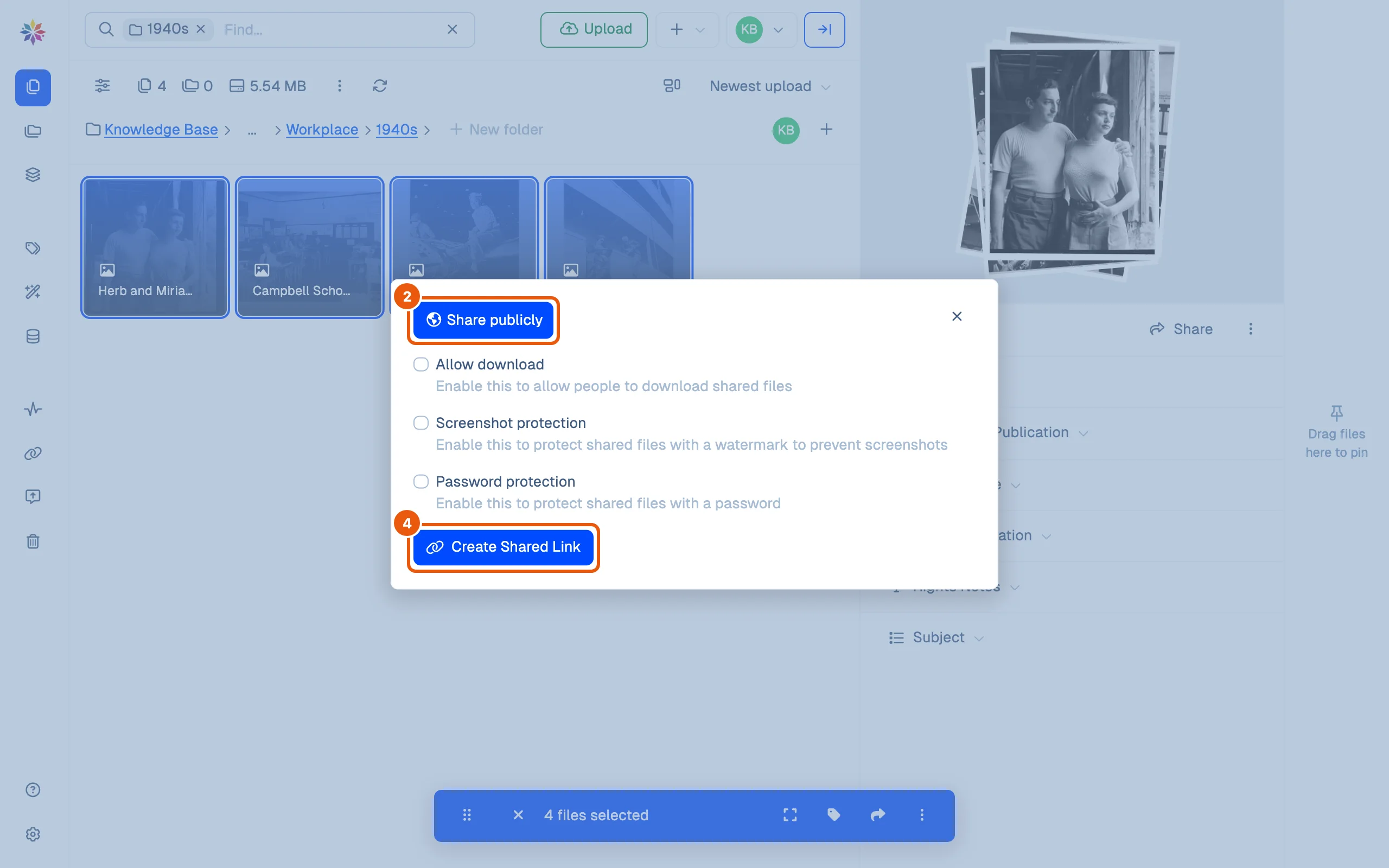 The four 1940s workplace photographs selected and the Share dialog open on Share publicly: Allow download, Screenshot protection and Password protection, all unticked, above Create Shared Link.