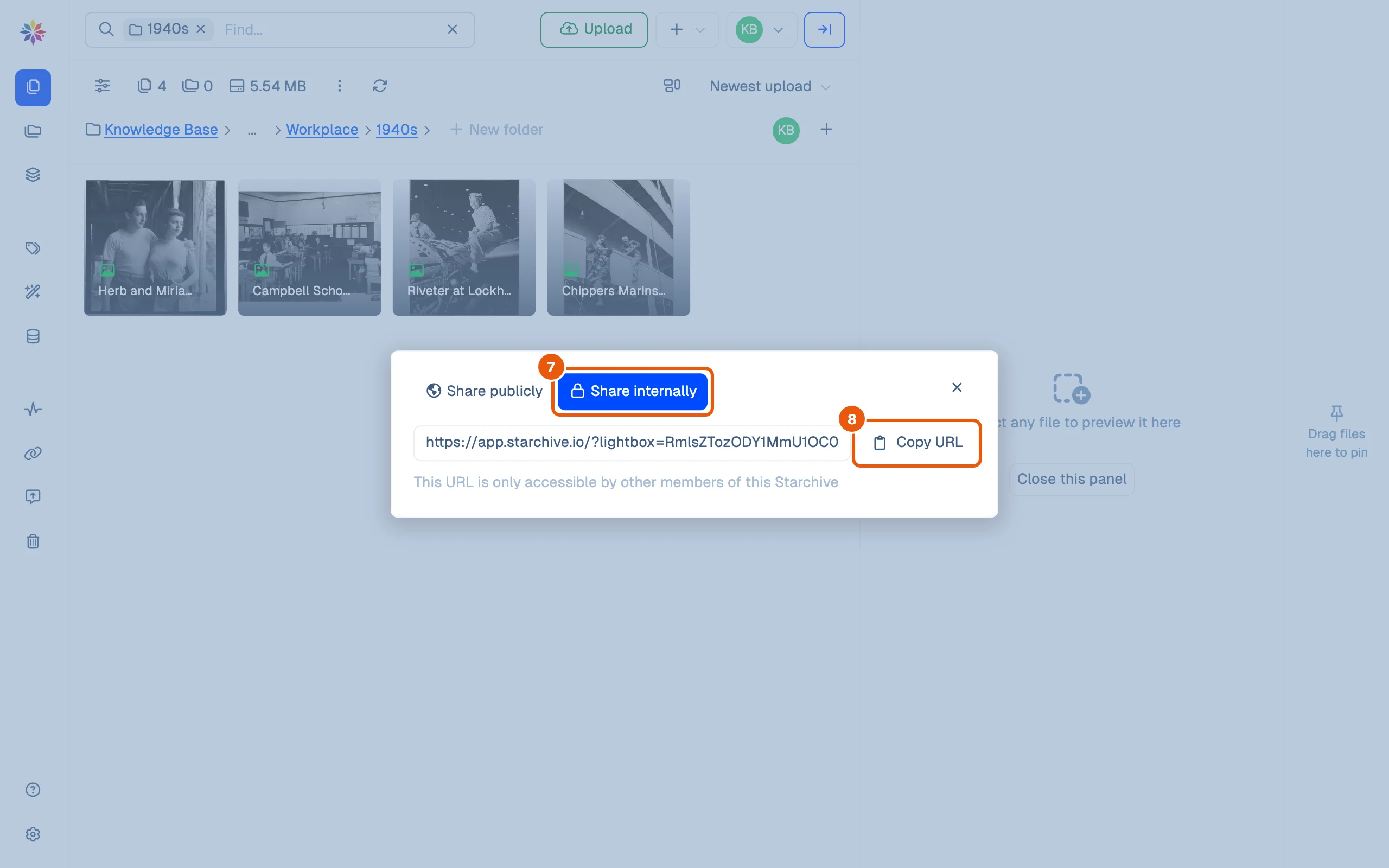 The Share dialog for one photograph, on the Share internally tab: the file's Starchive address with Copy URL, only accessible by other members of this Starchive.