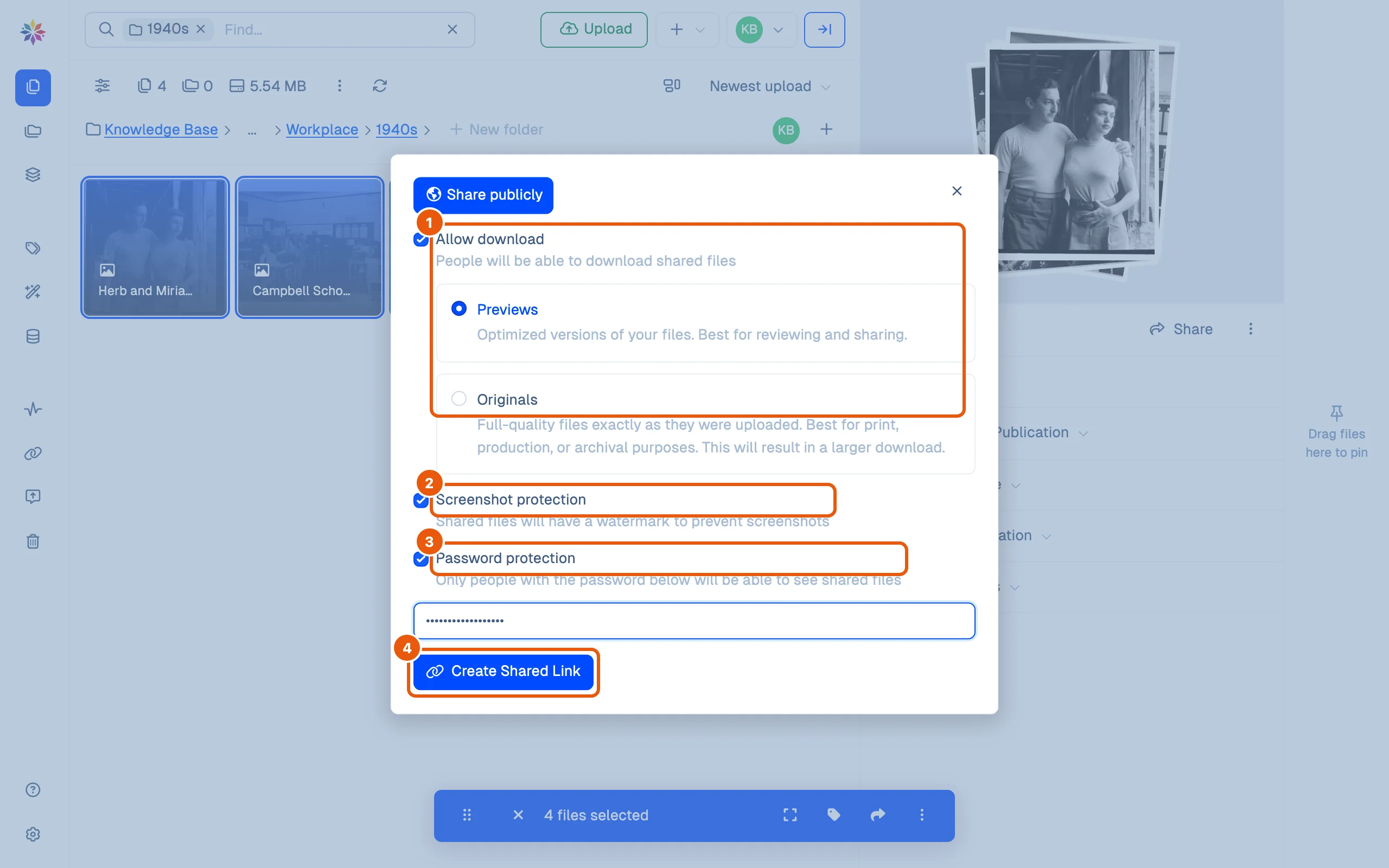 The Share dialog with all three settings ticked: Allow download offers Previews or Originals, Screenshot protection adds a watermark, and Password protection opens a box with a password typed in.