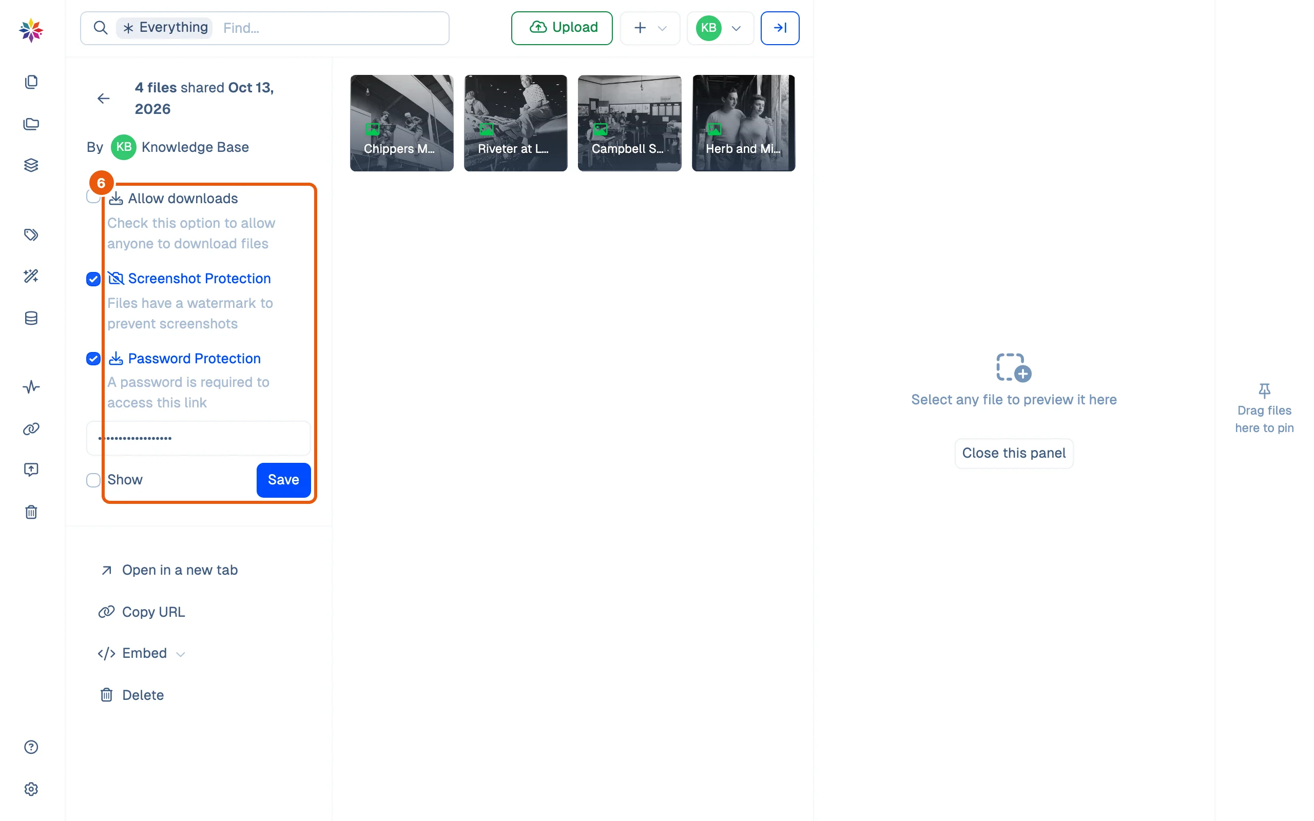 One link's page: four files shared by Knowledge Base, its three settings with Screenshot Protection and Password Protection ticked, the password hidden with Show and Save, then Open in a new tab, Copy URL, Embed and Delete.
