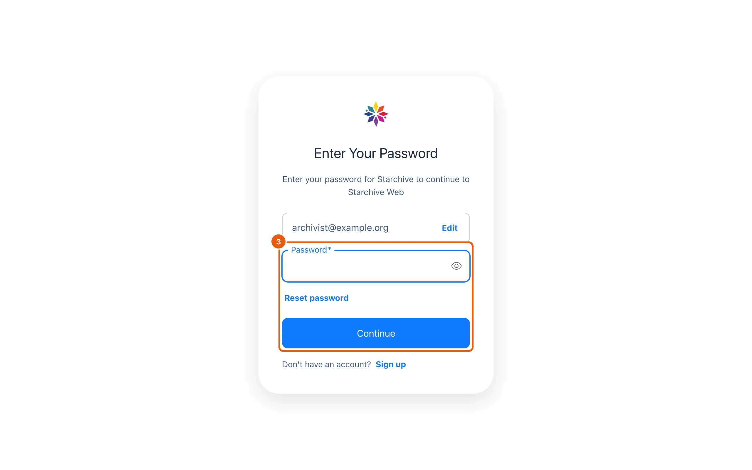 The second sign-in page, Enter Your Password, showing the email address entered on the first page, a Password box, Reset password and Continue.