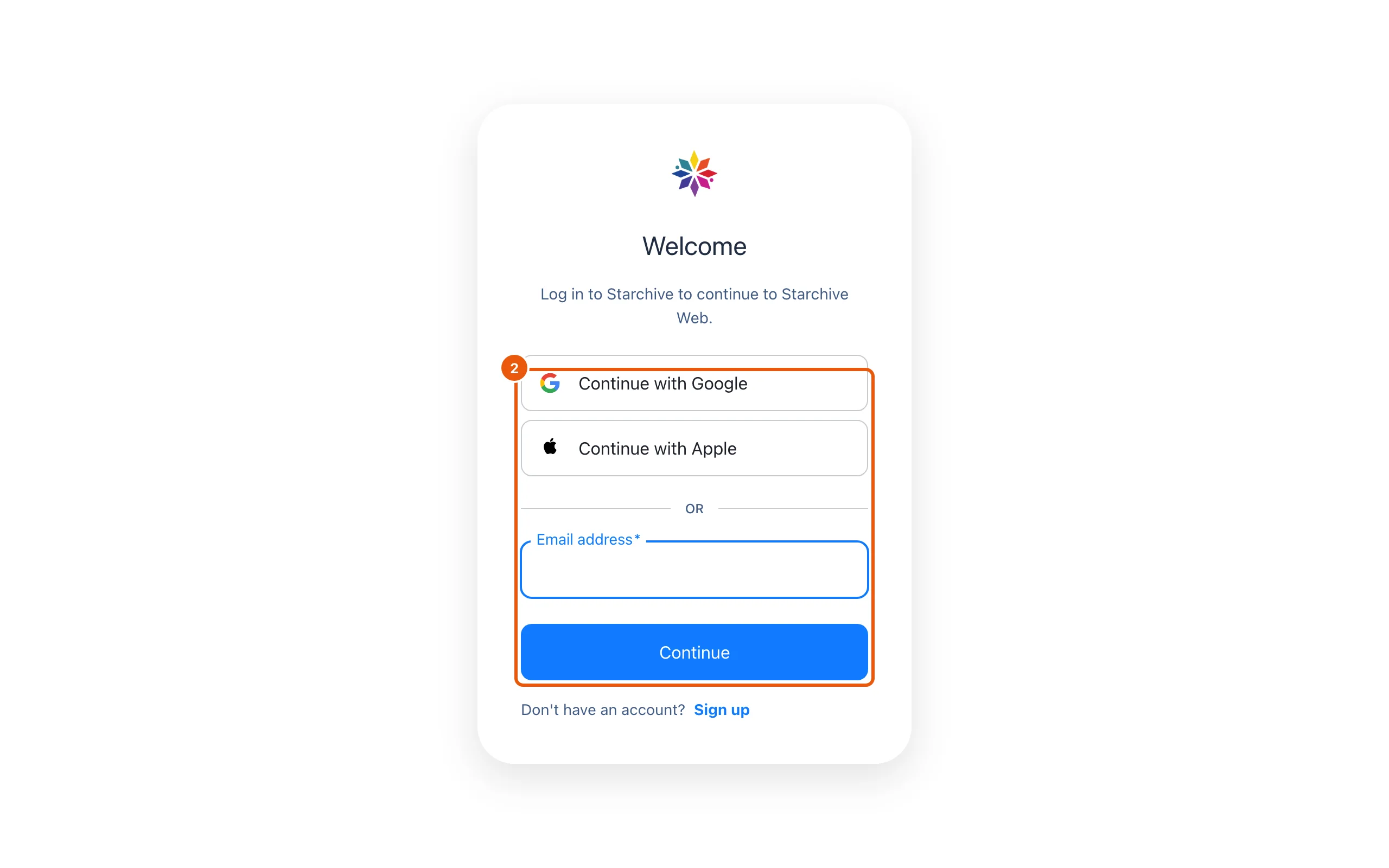 Starchive's sign-in page: Continue with Google, Continue with Apple, or an email address and Continue.