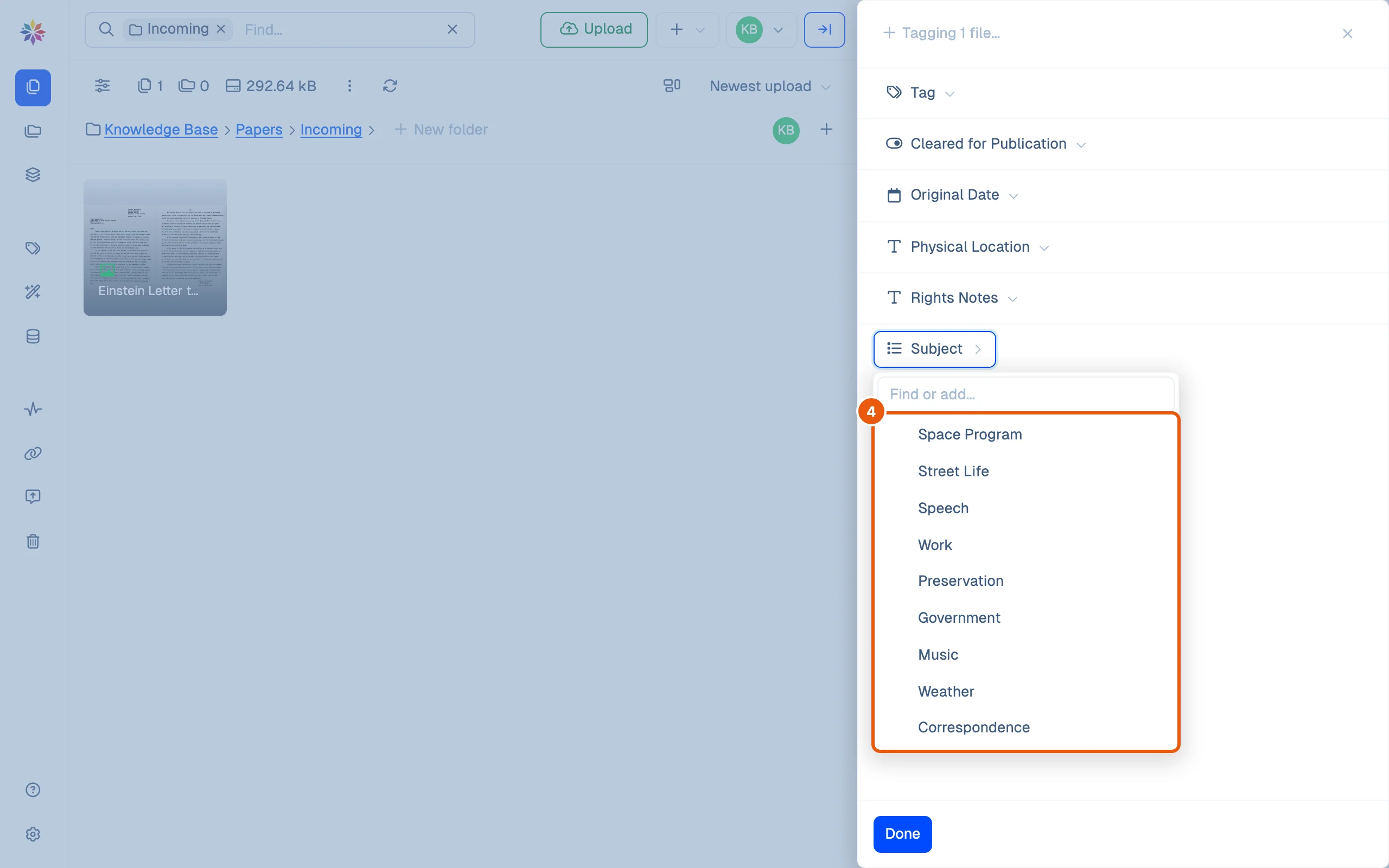 The Tagging 1 file drawer with the Subject picker open: the nine terms of the vocabulary, Correspondence last, and Find or add above them. Nothing is ticked: the drawer adds values and does not show the ones the file already has.
