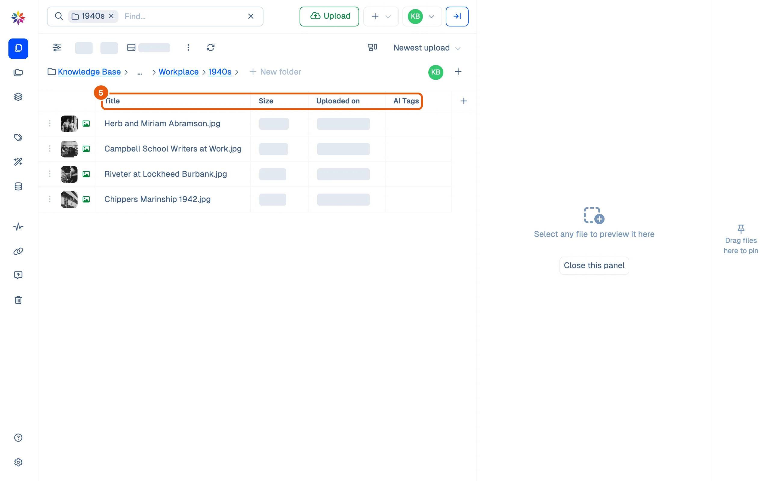 The same folder in the Table view: one row per photograph with its title, size, upload date and AI tags.