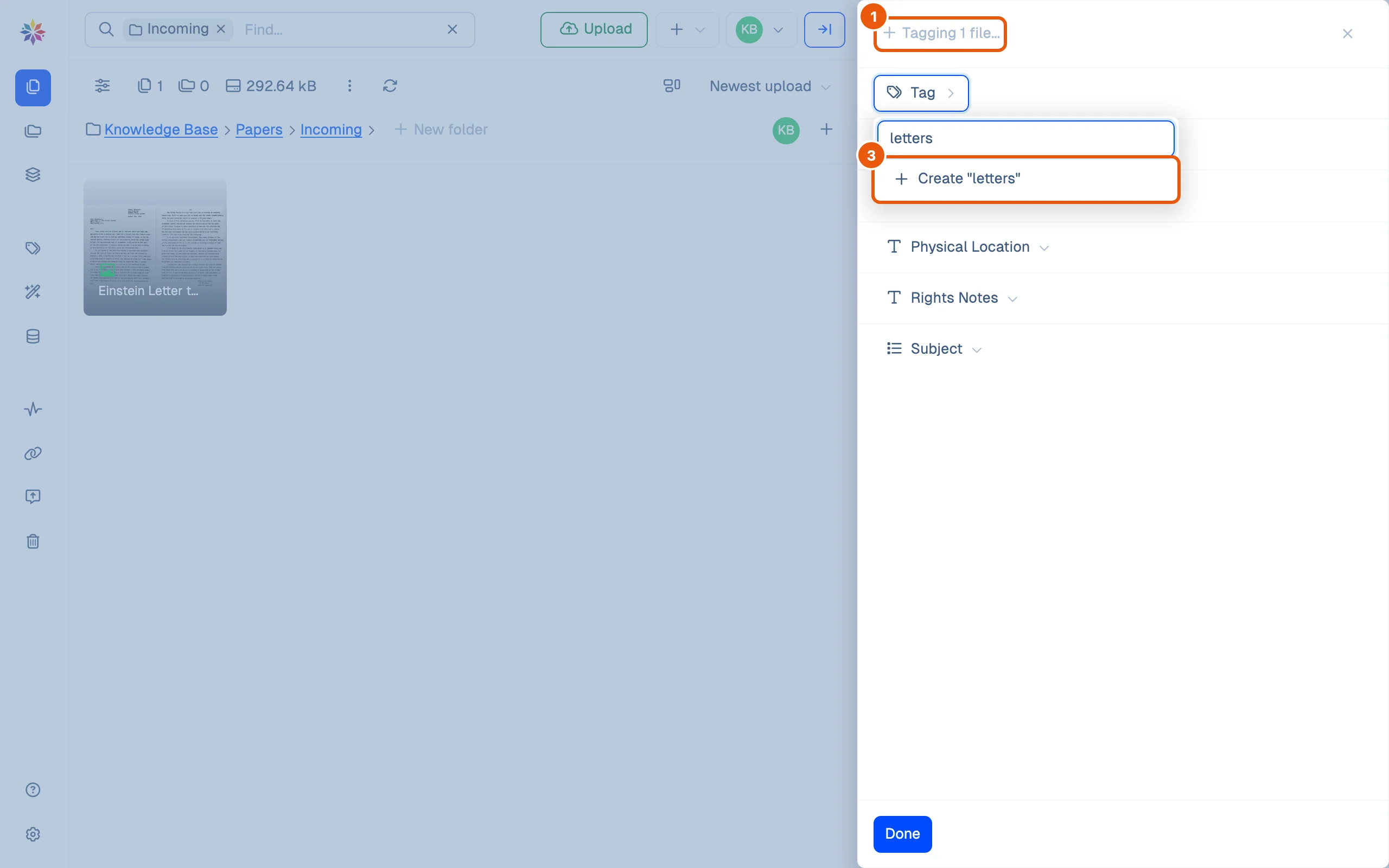 The Tagging 1 file drawer with the Tag picker open: letters typed into Find or add, and Create letters offered because no tag of that name exists yet.