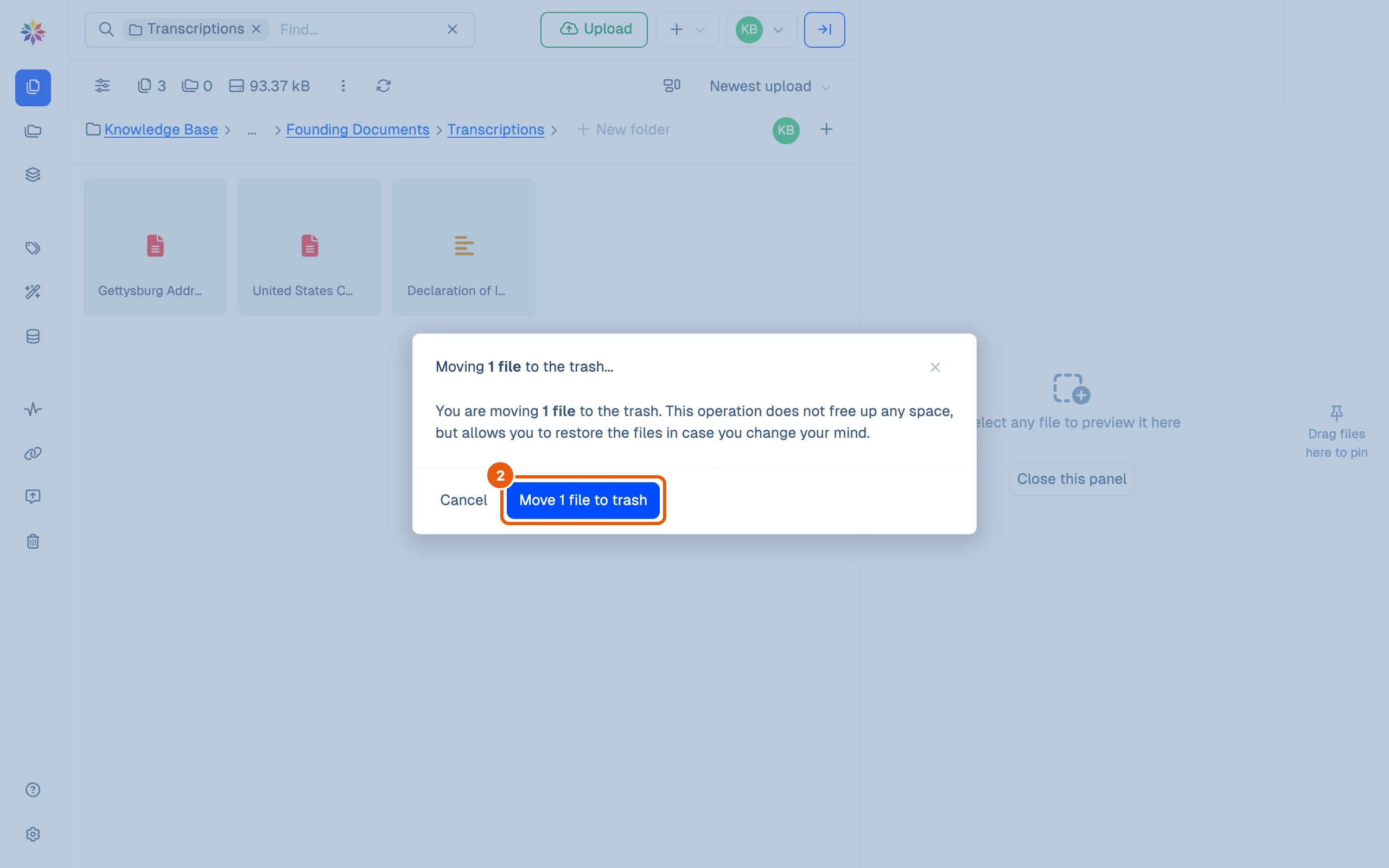 A transcription's file menu has led to the Moving 1 file to the trash dialog: moving does not free up space, and lets you restore the file later. Cancel and Move 1 file to trash.