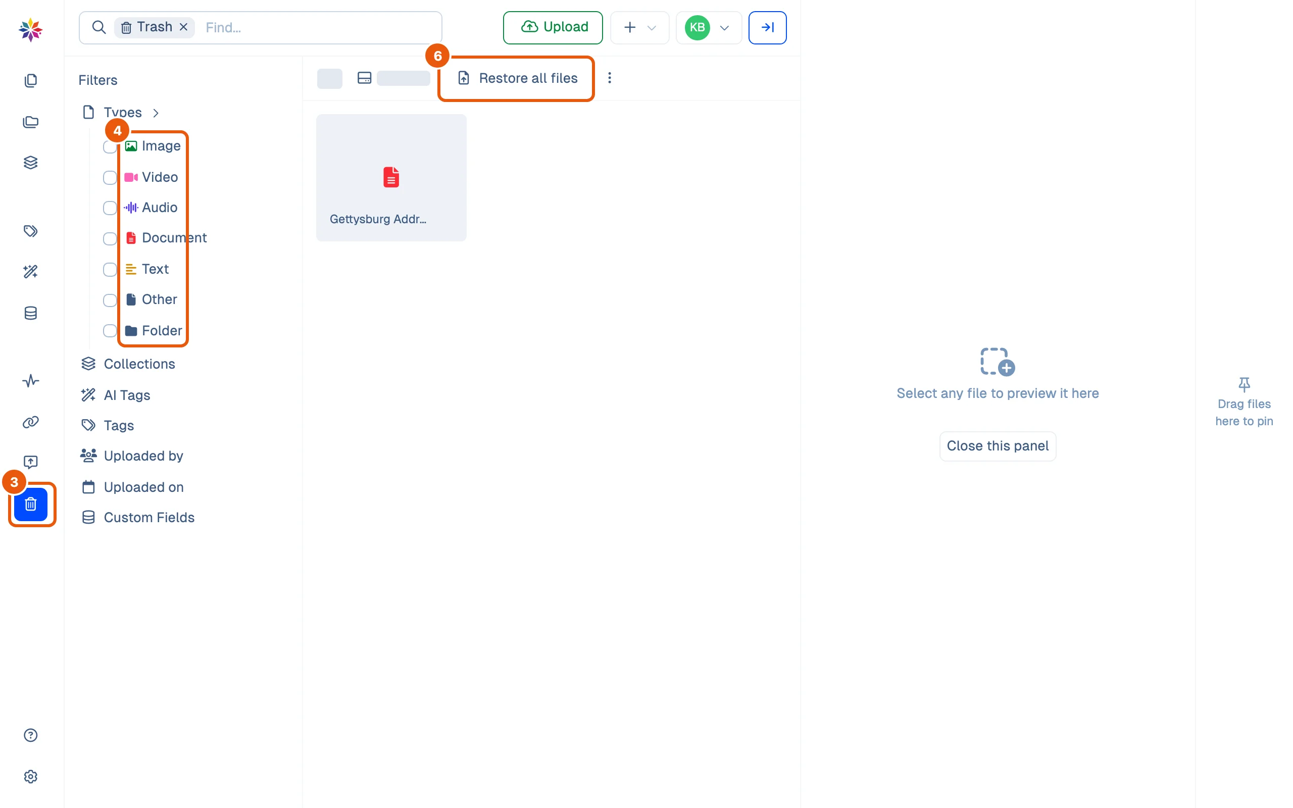 The Trash: the Types filter open on Image, Video, Audio, Document, Text, Other and Folder, a Restore all files button, and the one file in the trash, Gettysburg Address (1).docx.