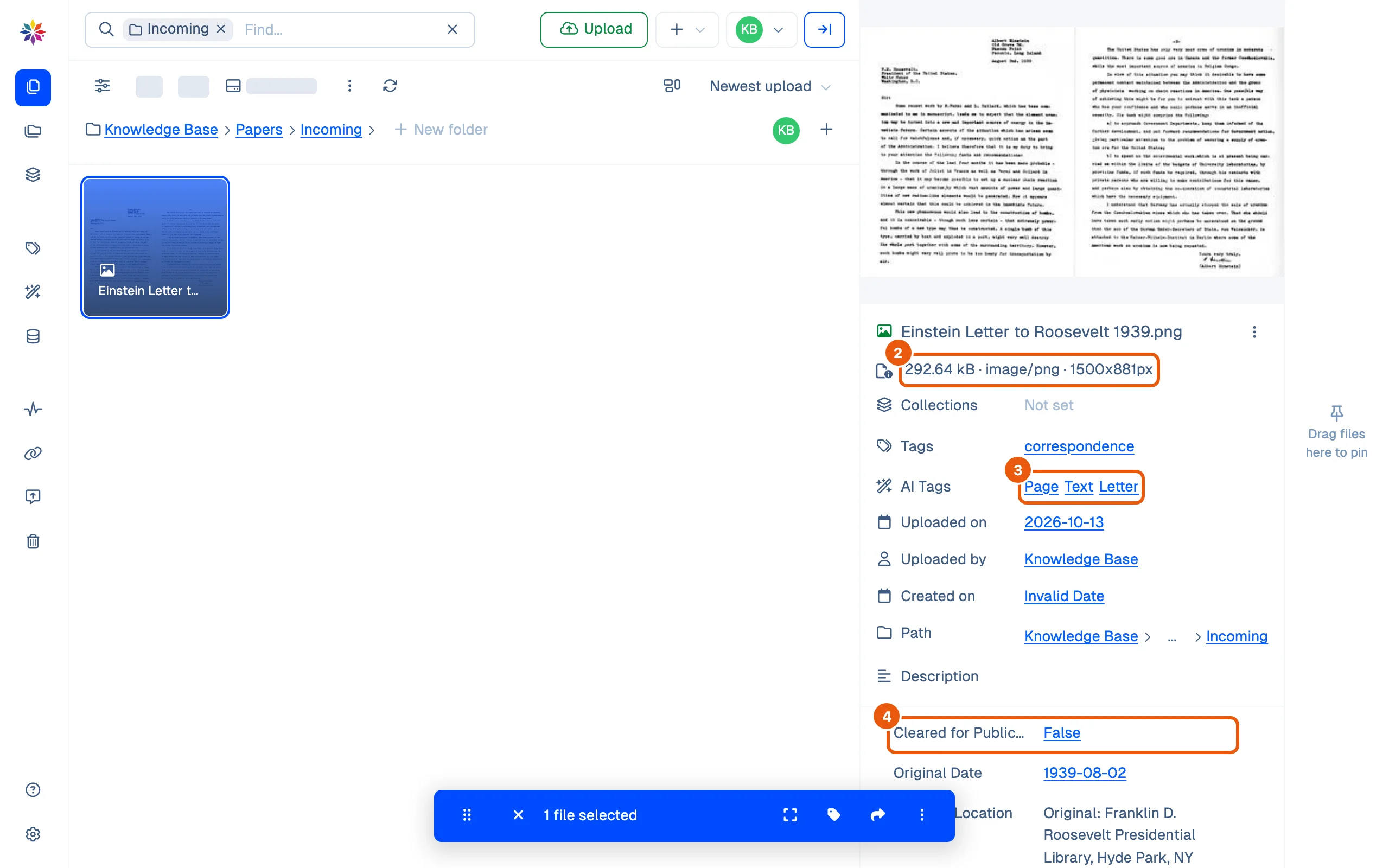 The uploaded letter selected in Incoming: its details show the pixel size, the AI tags Page, Text and Letter that Starchive added, and Cleared for Publication set to False by the folder's flow.