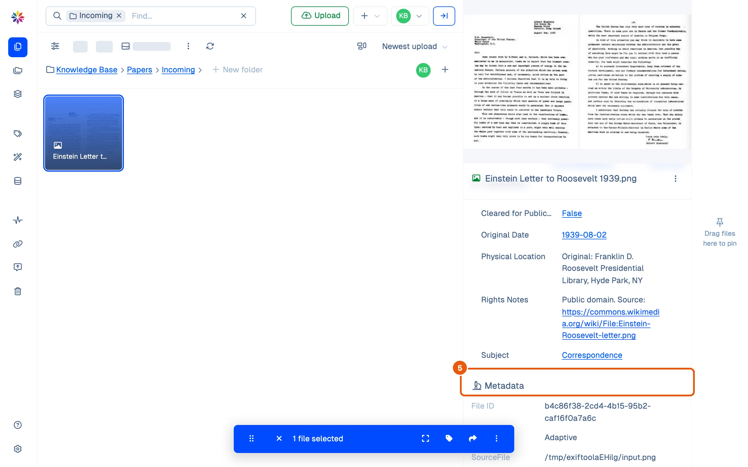 Further down the same details: the Metadata section, every tag the file carries as ExifTool reads it, from the file ID to the PNG's own width, height and modify date.