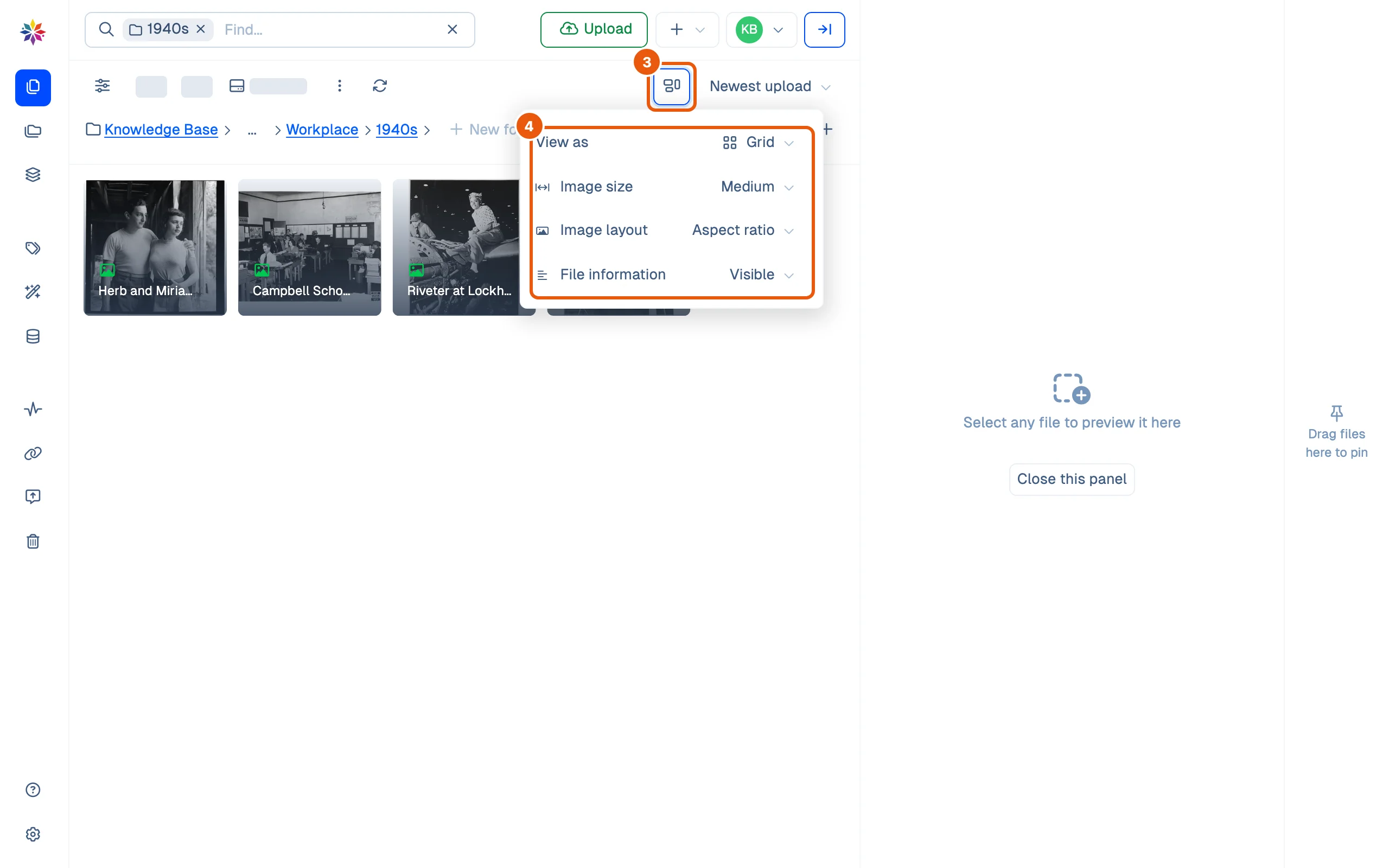 The View preferences menu: View as Grid, Image size Medium, Image layout Aspect ratio, File information Visible.
